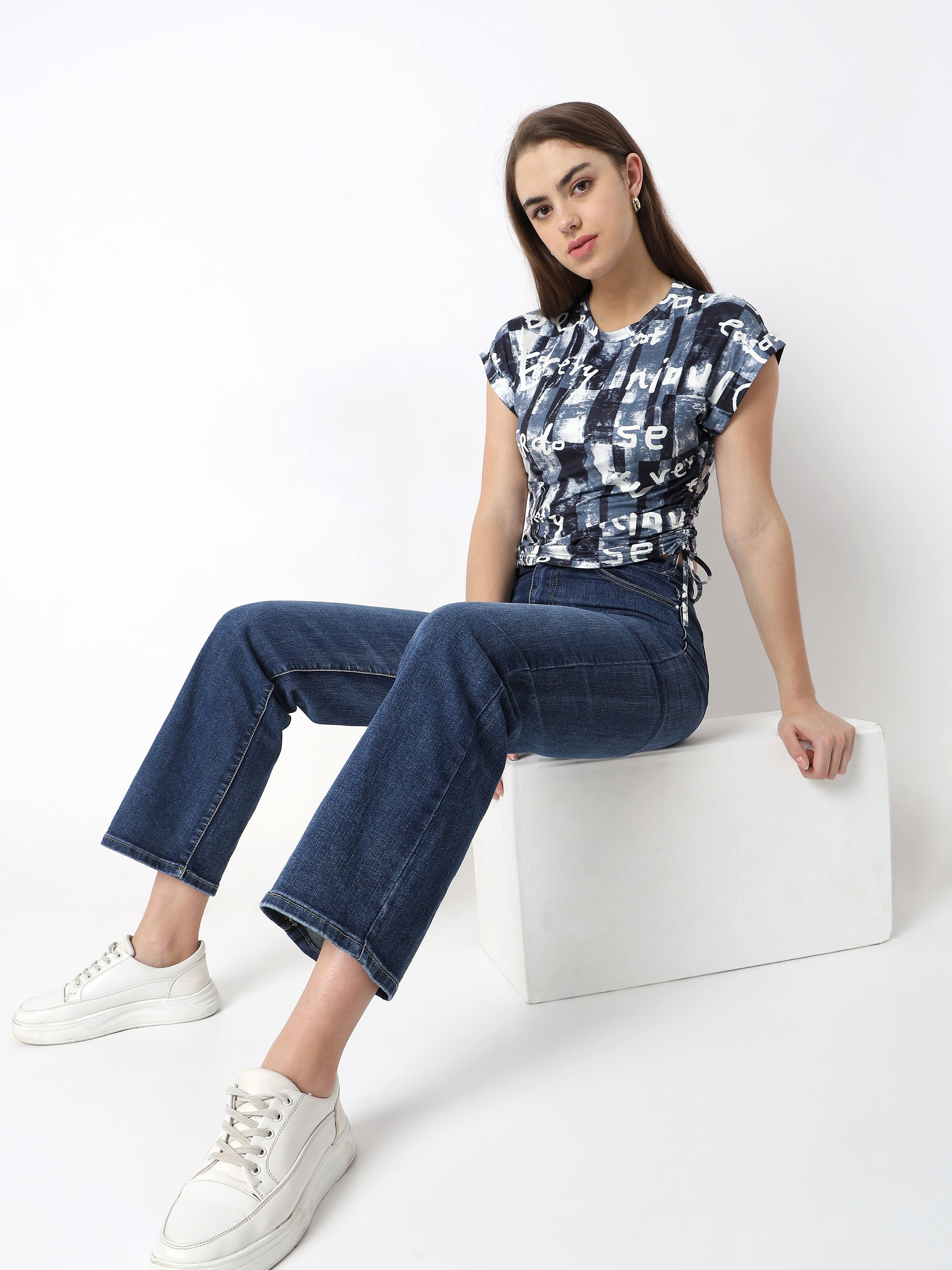 Black & White Abstract Print Ruched Side Crop Top