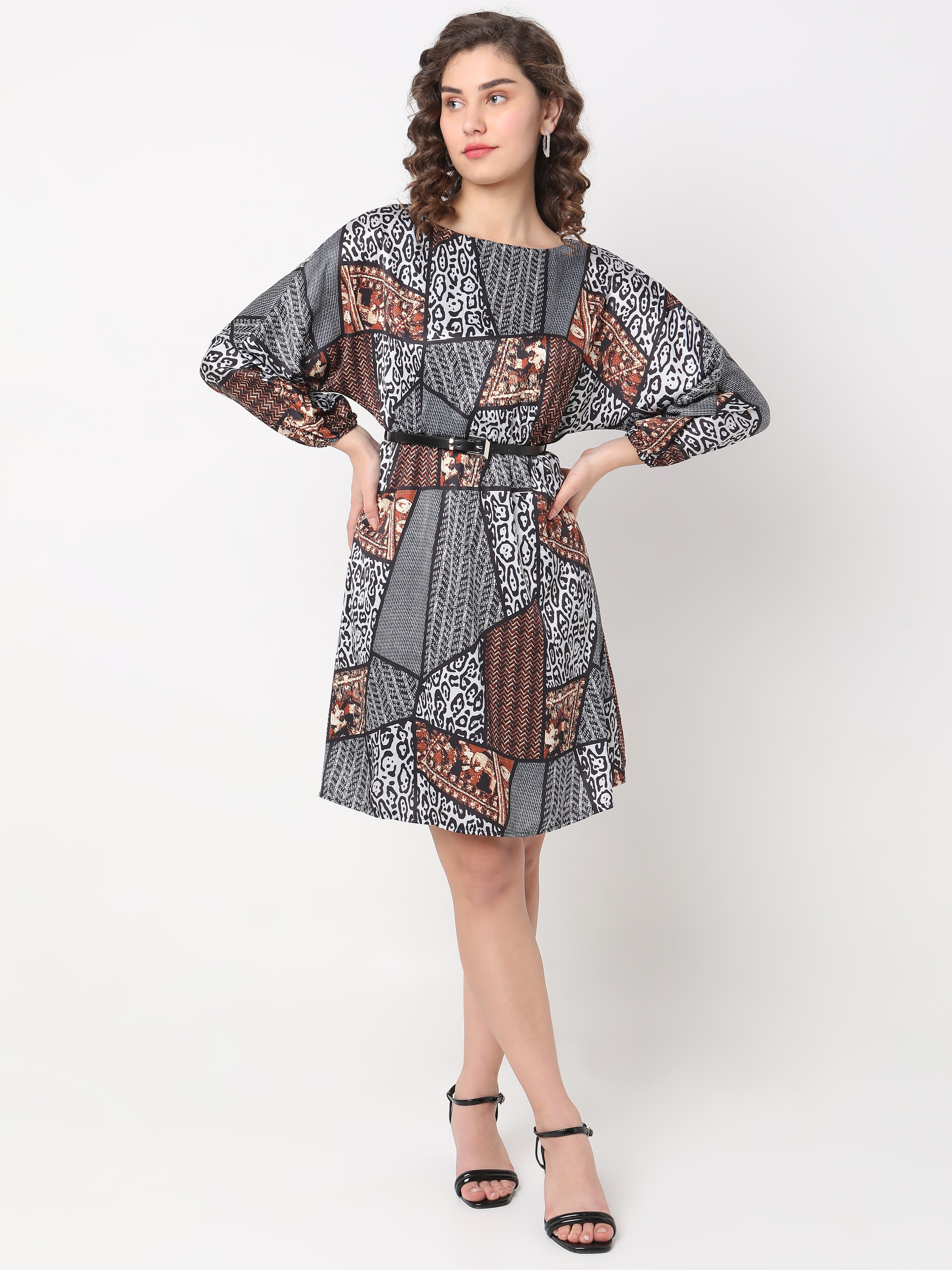 Women's Multi-Print Patchwork A-Line Dress with Waist Belt