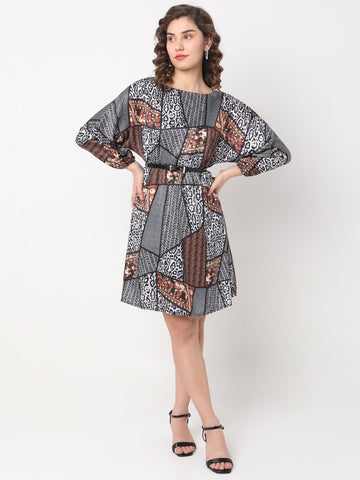 Women's Multi-Print Patchwork A-Line Dress with Waist Belt