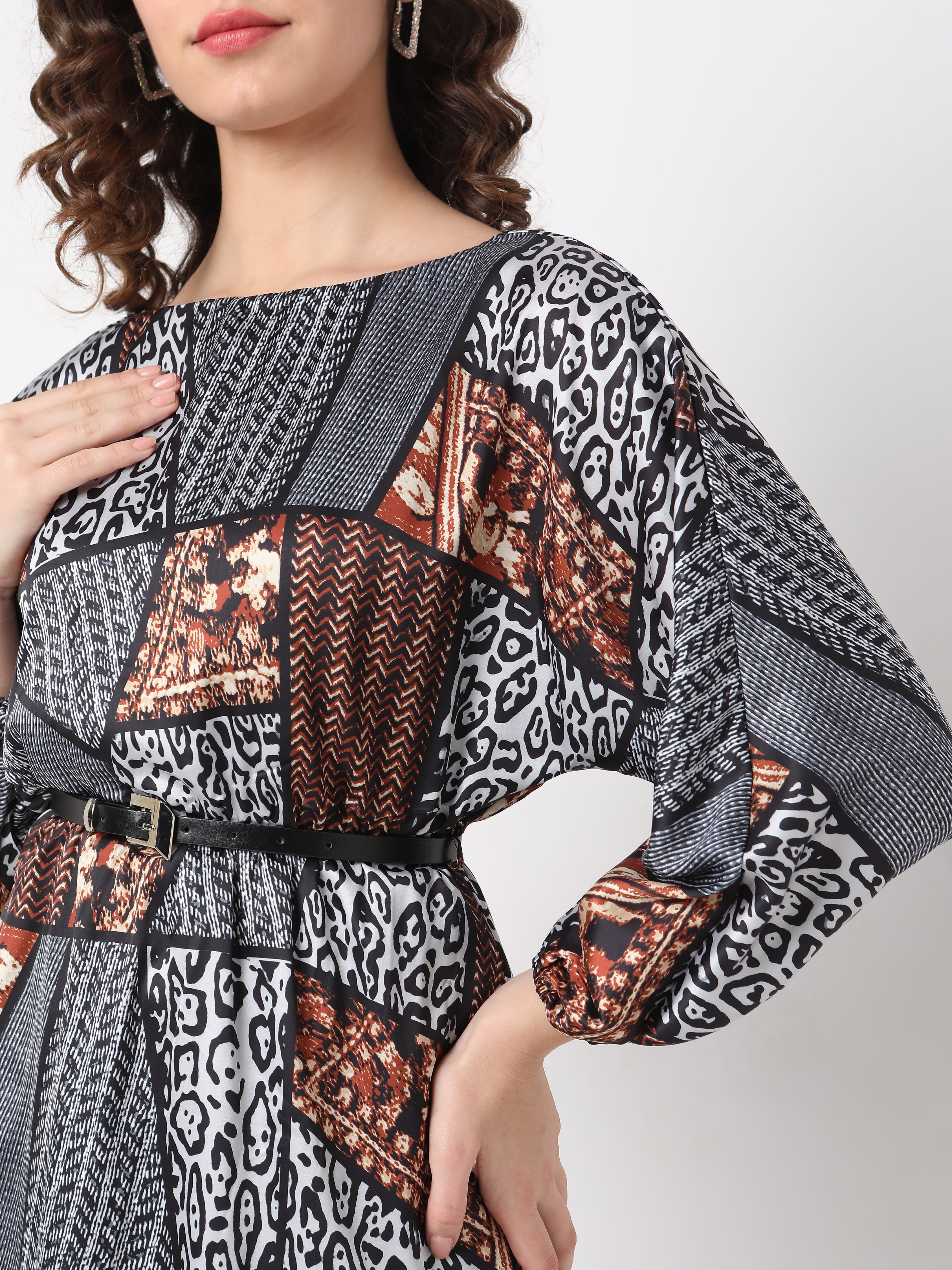 Women's Multi-Print Patchwork A-Line Dress with Waist Belt