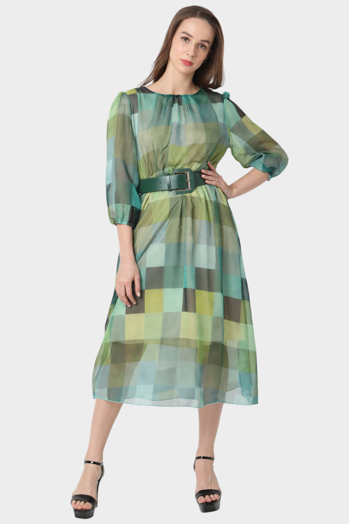 Checkered Print Chiffon Midi Dress with Belt