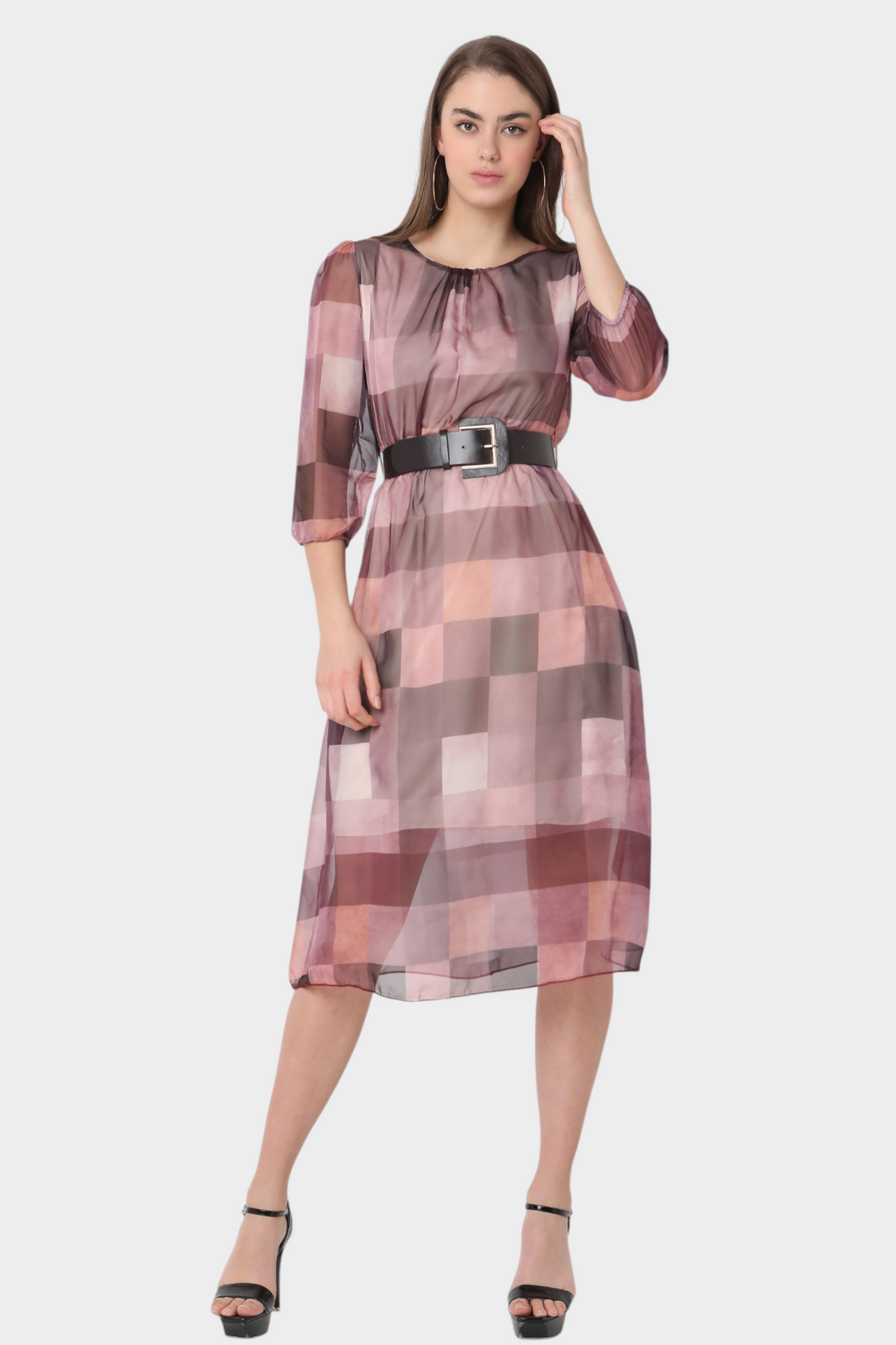 Checkered Print Chiffon Midi Dress with Belt