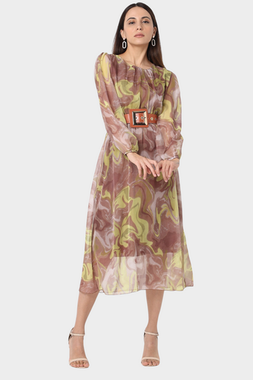 Marble Print Chiffon Midi Dress with Belt