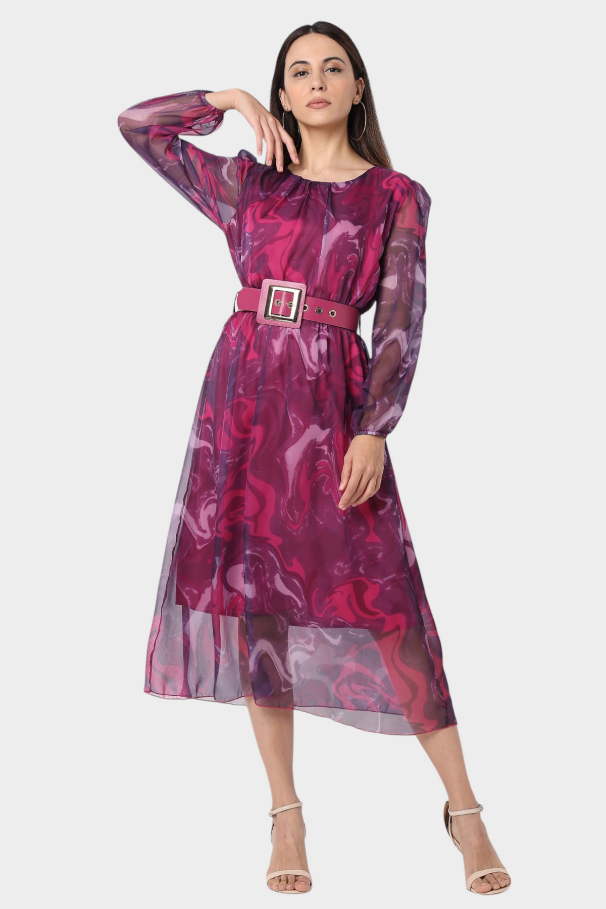 Marble Print Chiffon Midi Dress with Belt