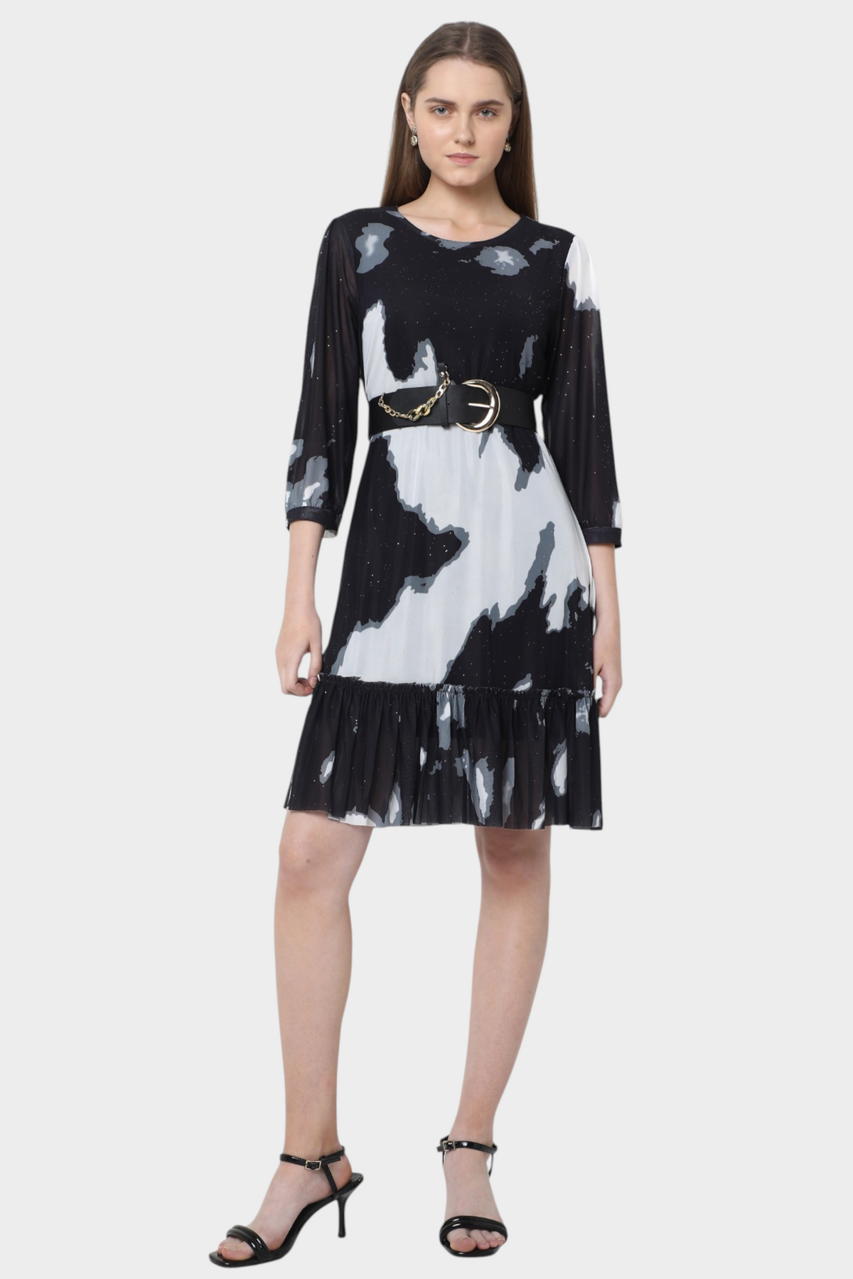 Black White Printed Tiered Dress