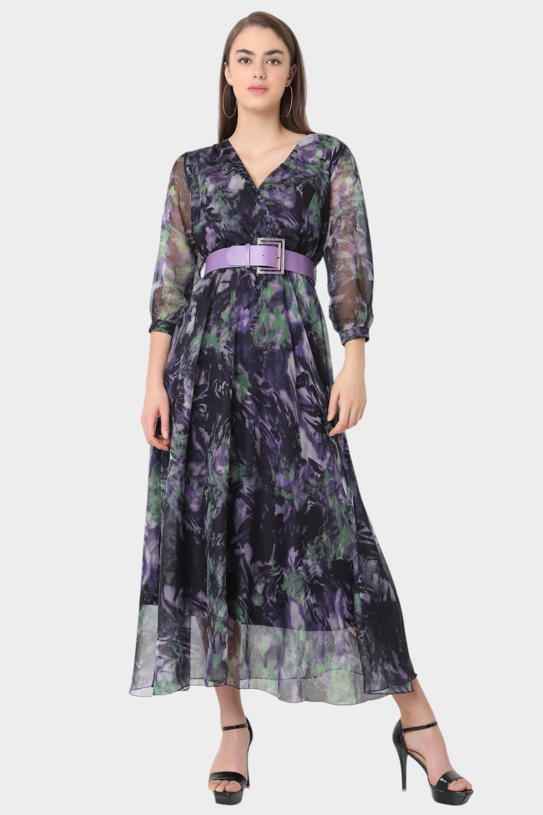 Abstract Print Chiffon Maxi Dress with Belt