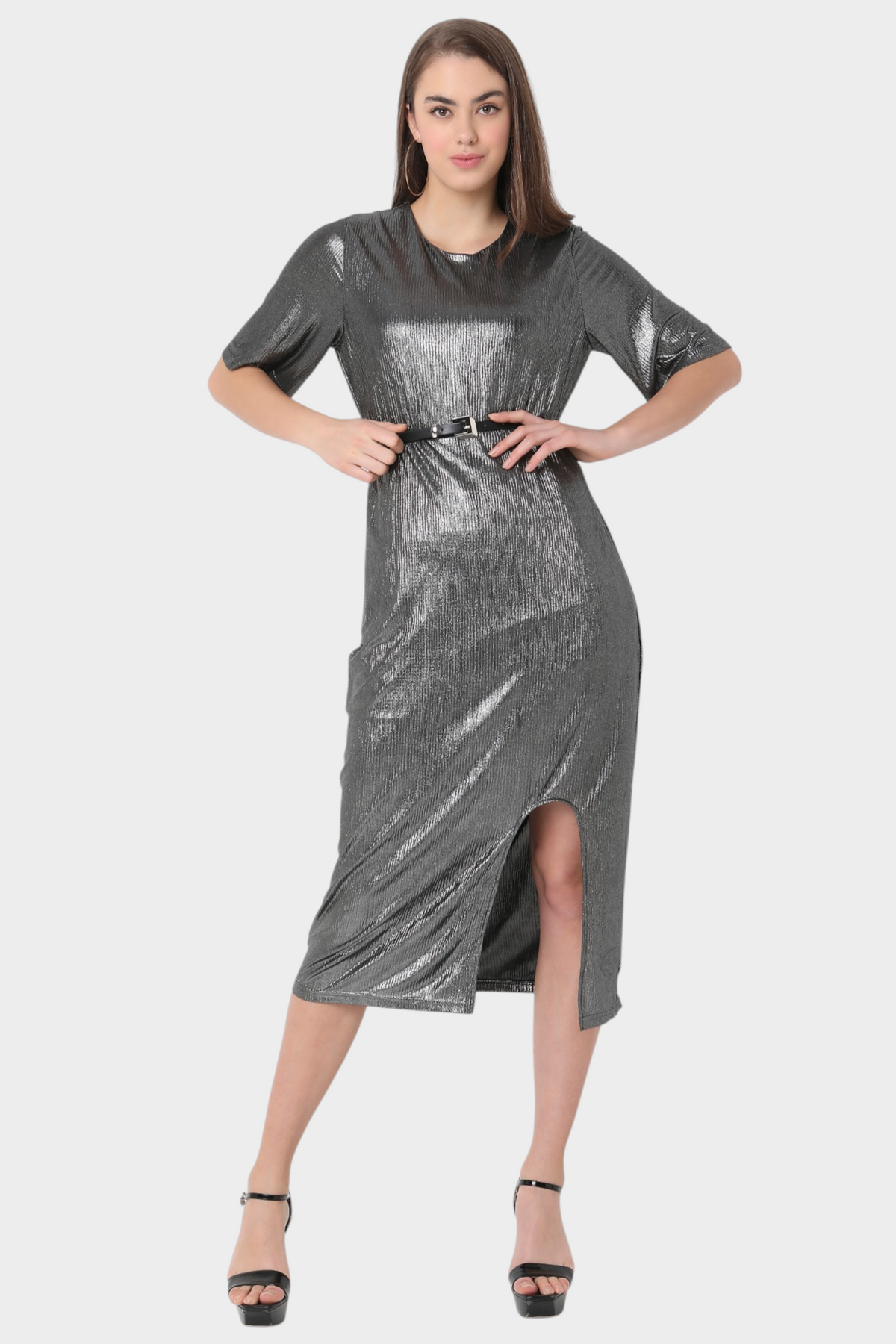 Metallic Bodycon Midi Dress with Front Slit