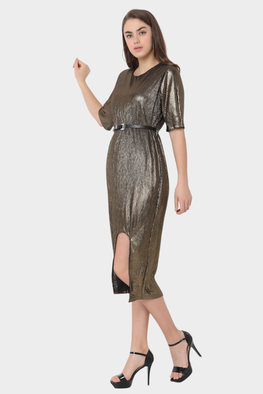 Metallic Bodycon Midi Dress with Front Slit
