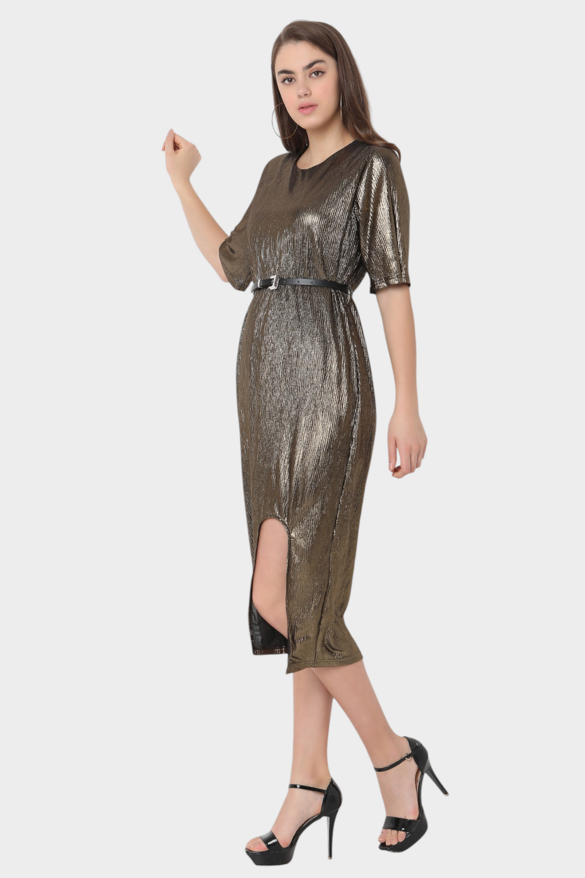 Metallic Bodycon Midi Dress with Front Slit