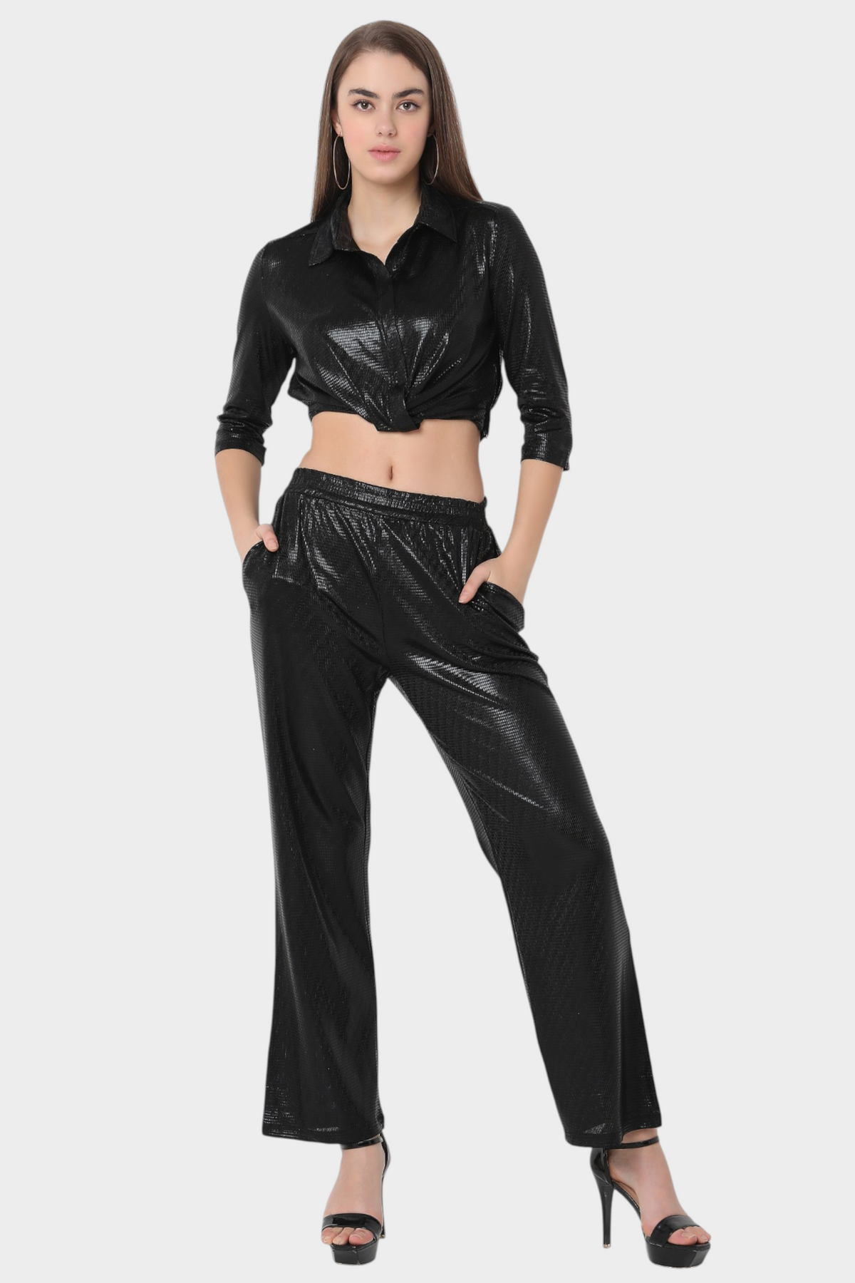 Metallic Tie-Front Co-ord Set with Wide-Leg Pants