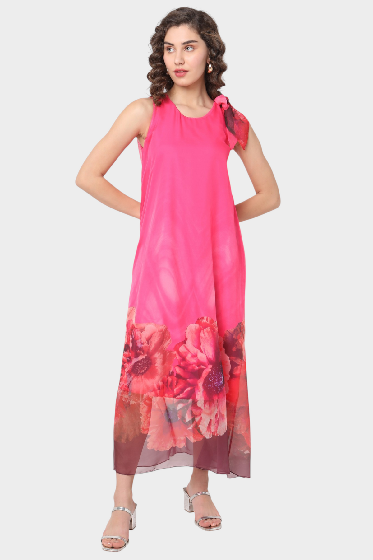 Floral Border Print Maxi Dress with Shoulder Tie