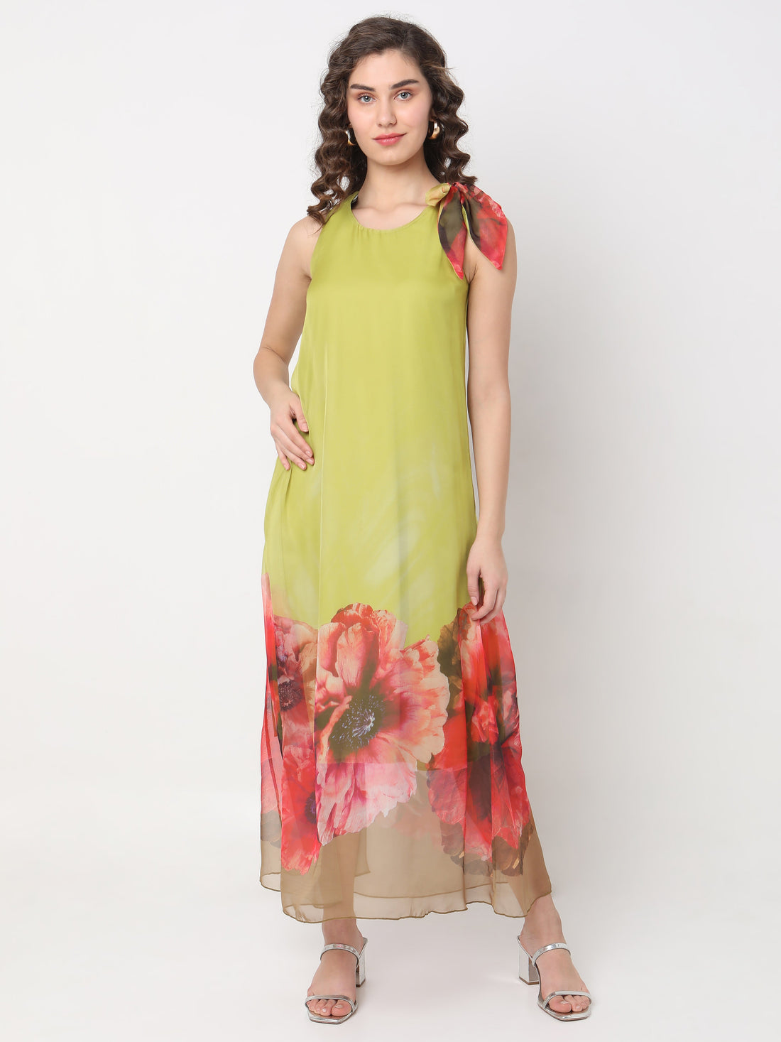 Women's Lime Green Floral Ombre Maxi Dress with Shoulder Tie Detail