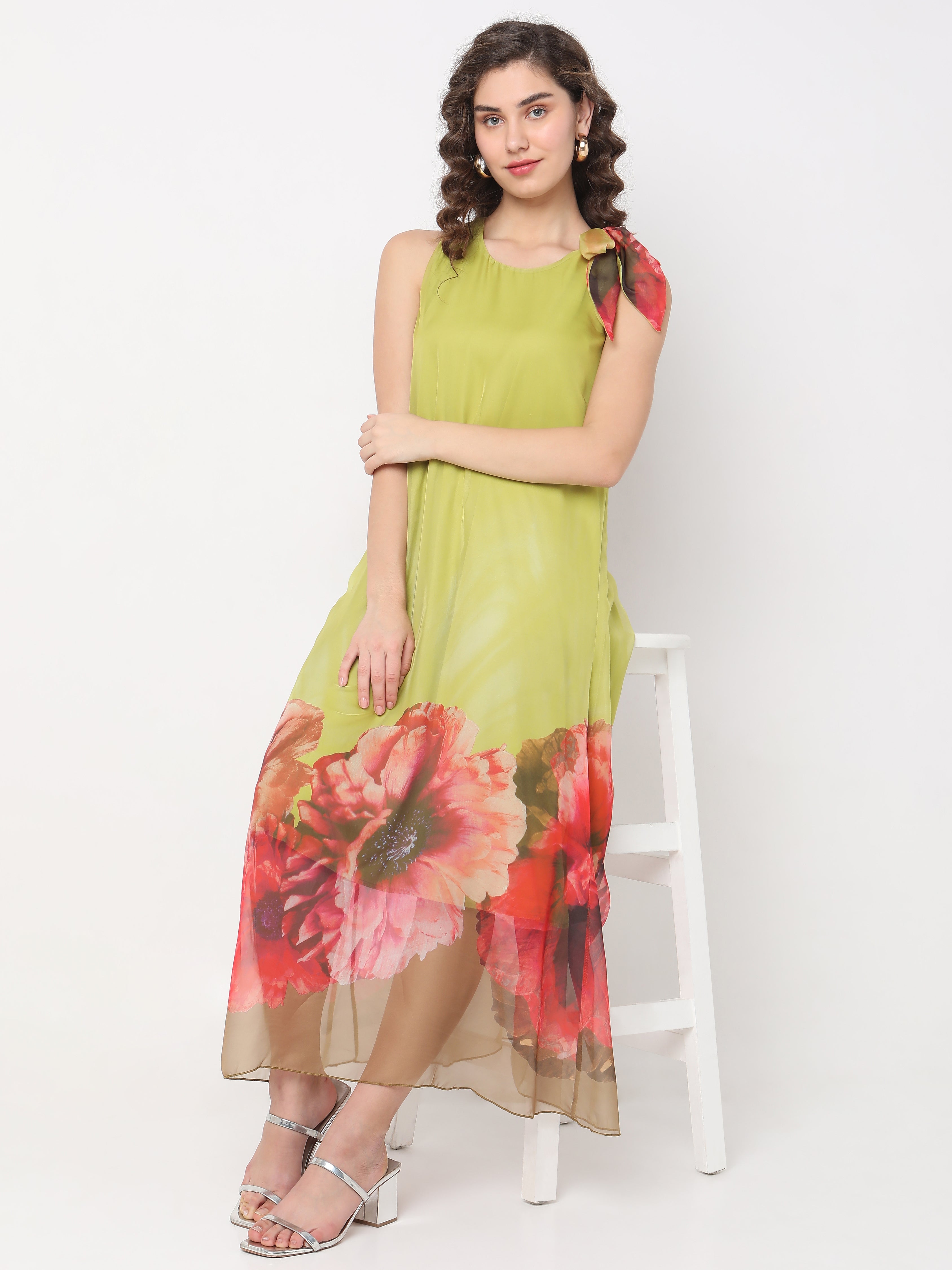 Women's Lime Green Floral Ombre Maxi Dress with Shoulder Tie Detail