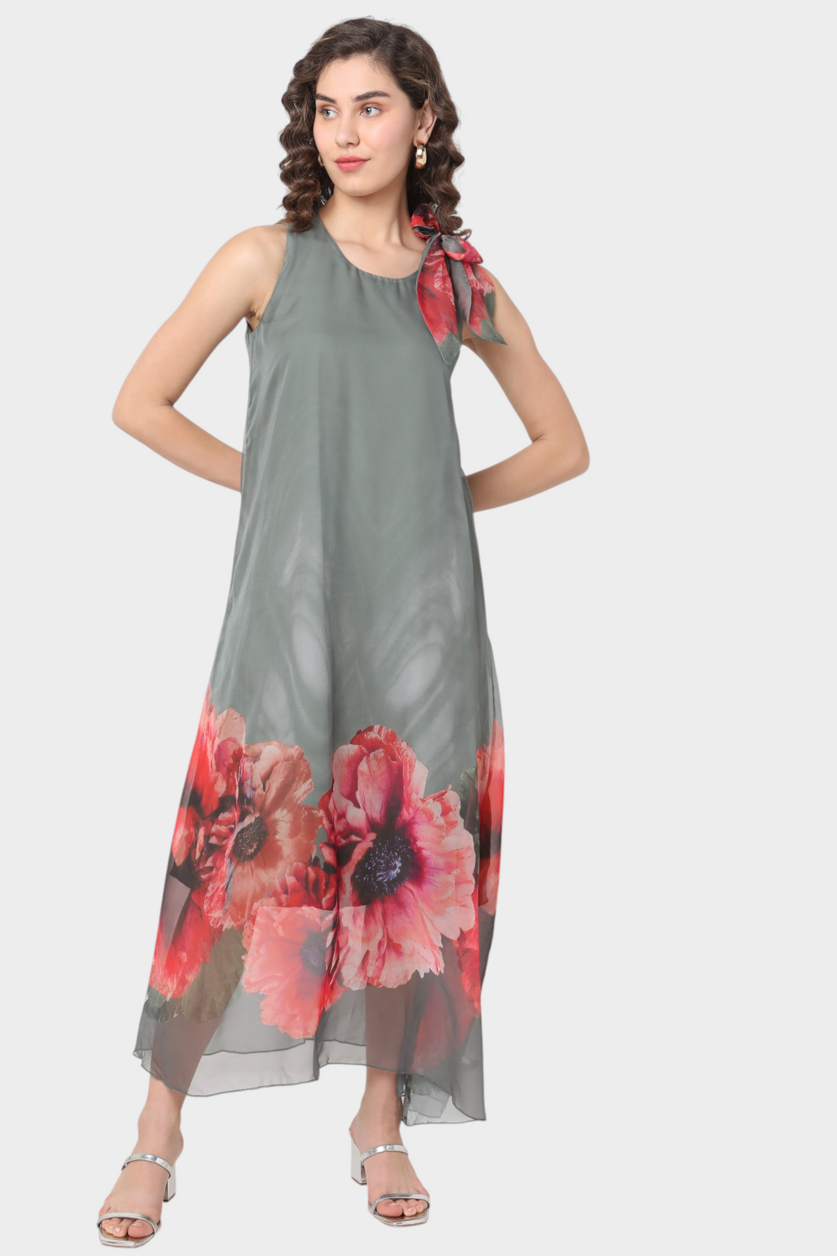 Floral Border Print Maxi Dress with Shoulder Tie