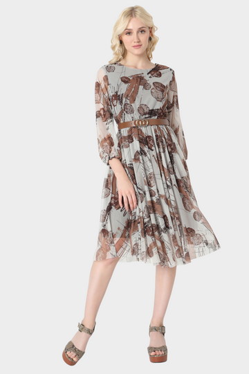 Abstract Leaf Print Pleated Midi Dress with Belt