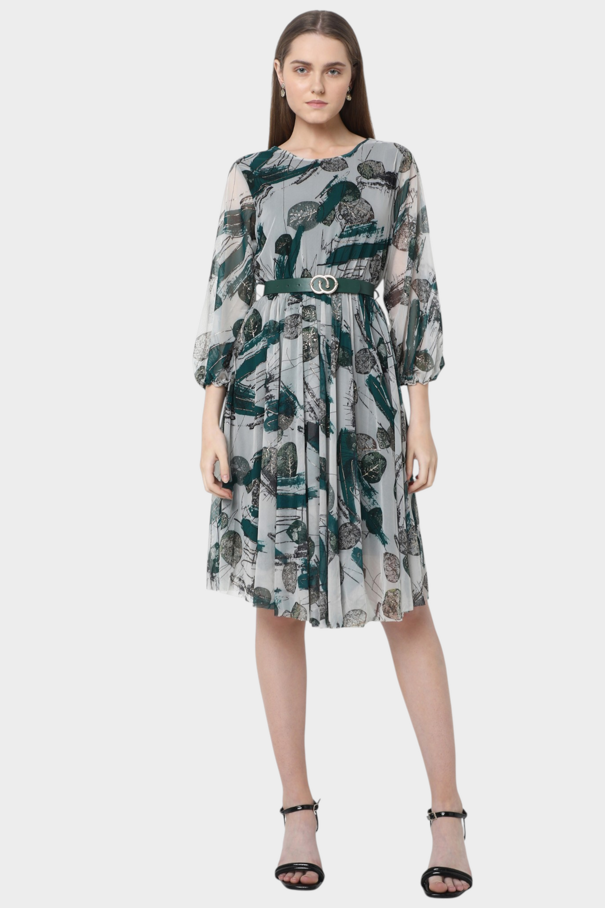 Abstract Leaf Print Pleated Midi Dress with Belt