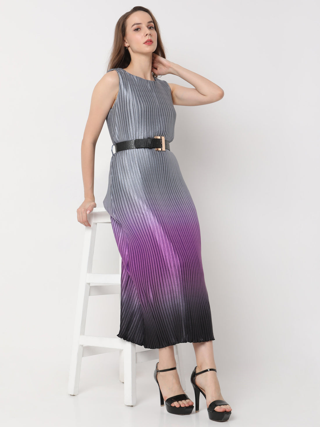 Women's Pleated Ombre Sleeveless Midi Dress