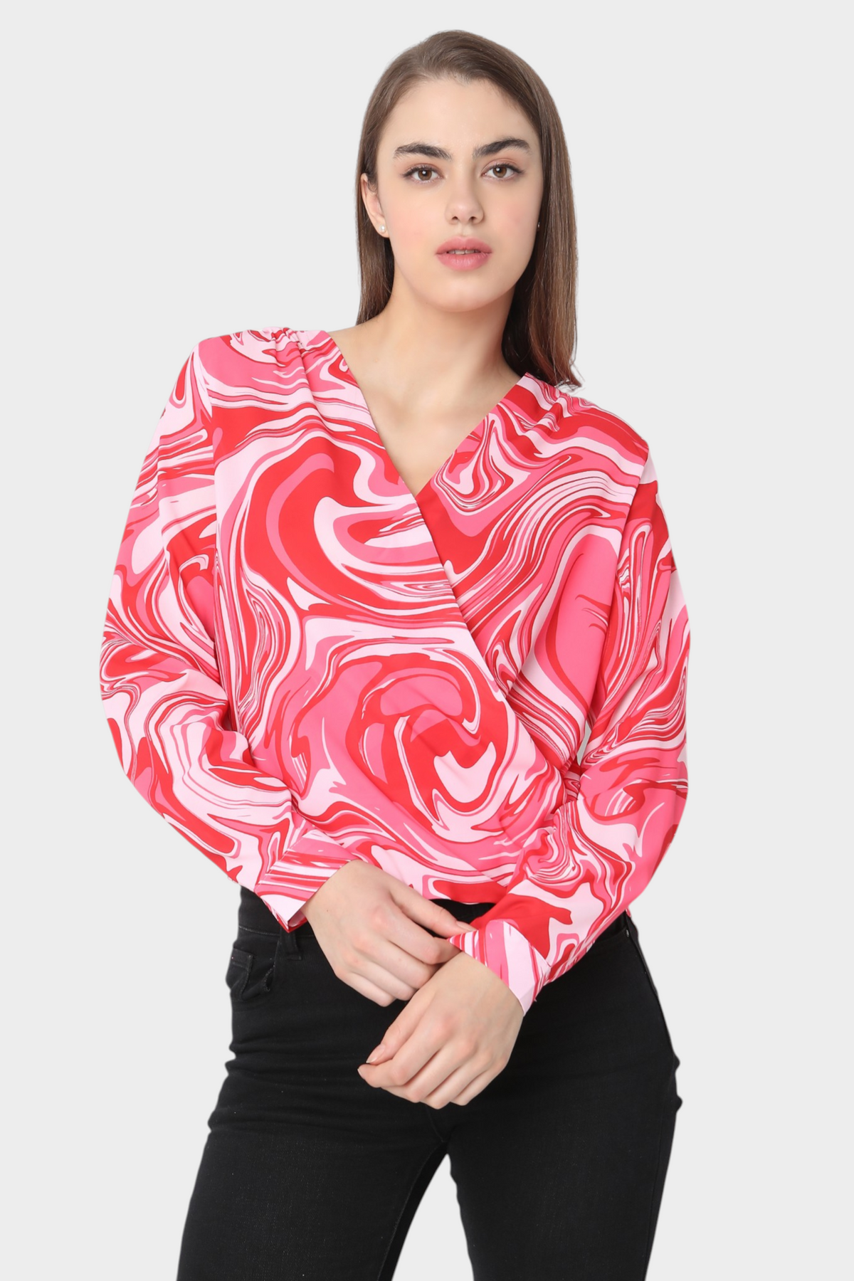Marble Print Wrap-Style Top with Long Sleeves