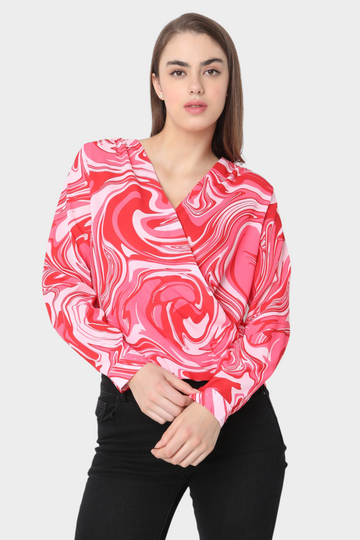Marble Print Wrap-Style Top with Long Sleeves
