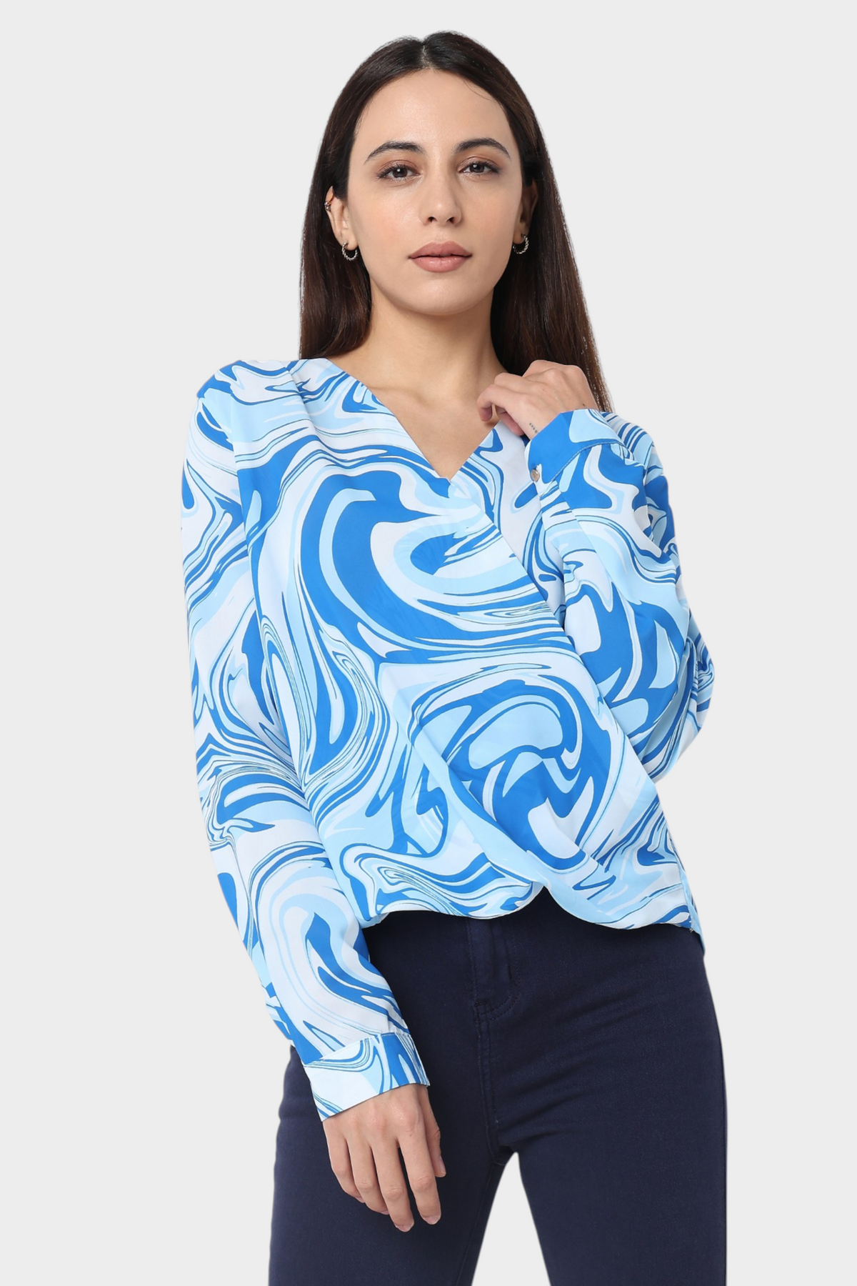 Marble Print Wrap-Style Top with Long Sleeves