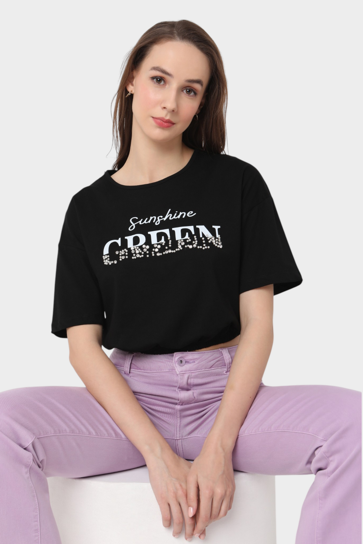 Embellished "Sunshine Green" Graphic Crop Top