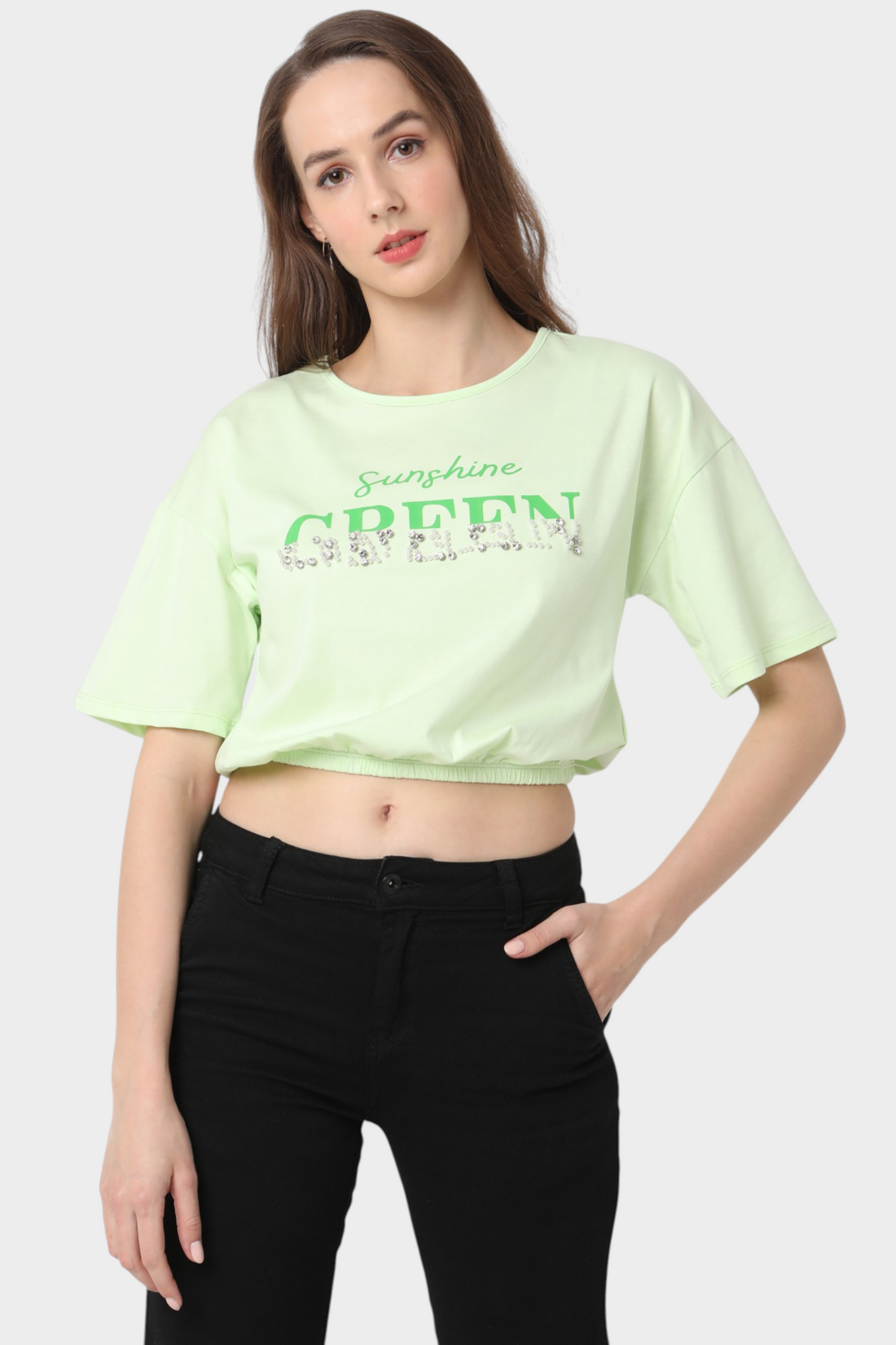 Embellished "Sunshine Green" Graphic Crop Top