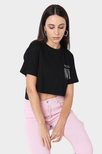 Crop Top with Rhinestone Fringe Graphic