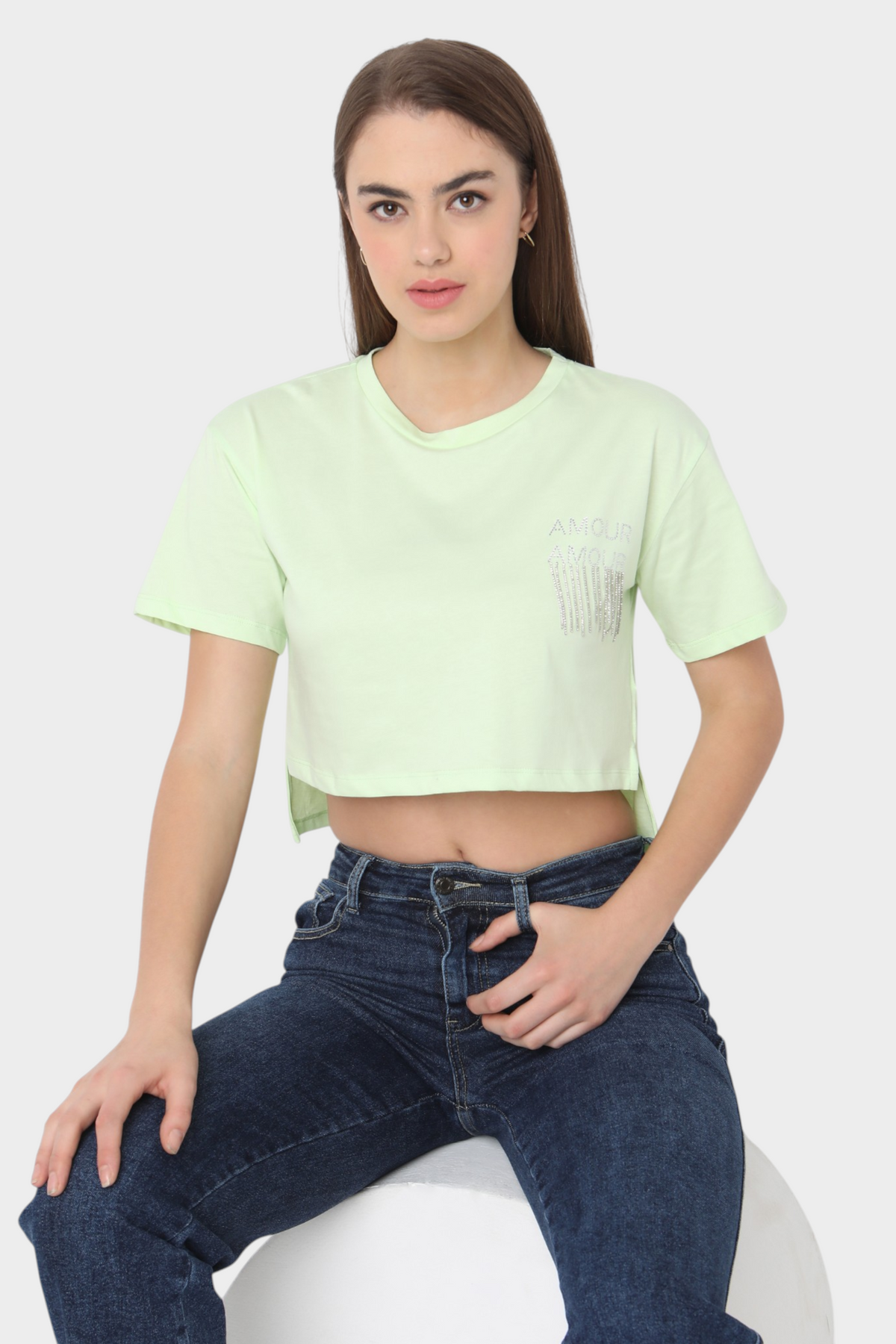 Crop Top with Rhinestone Fringe Graphic