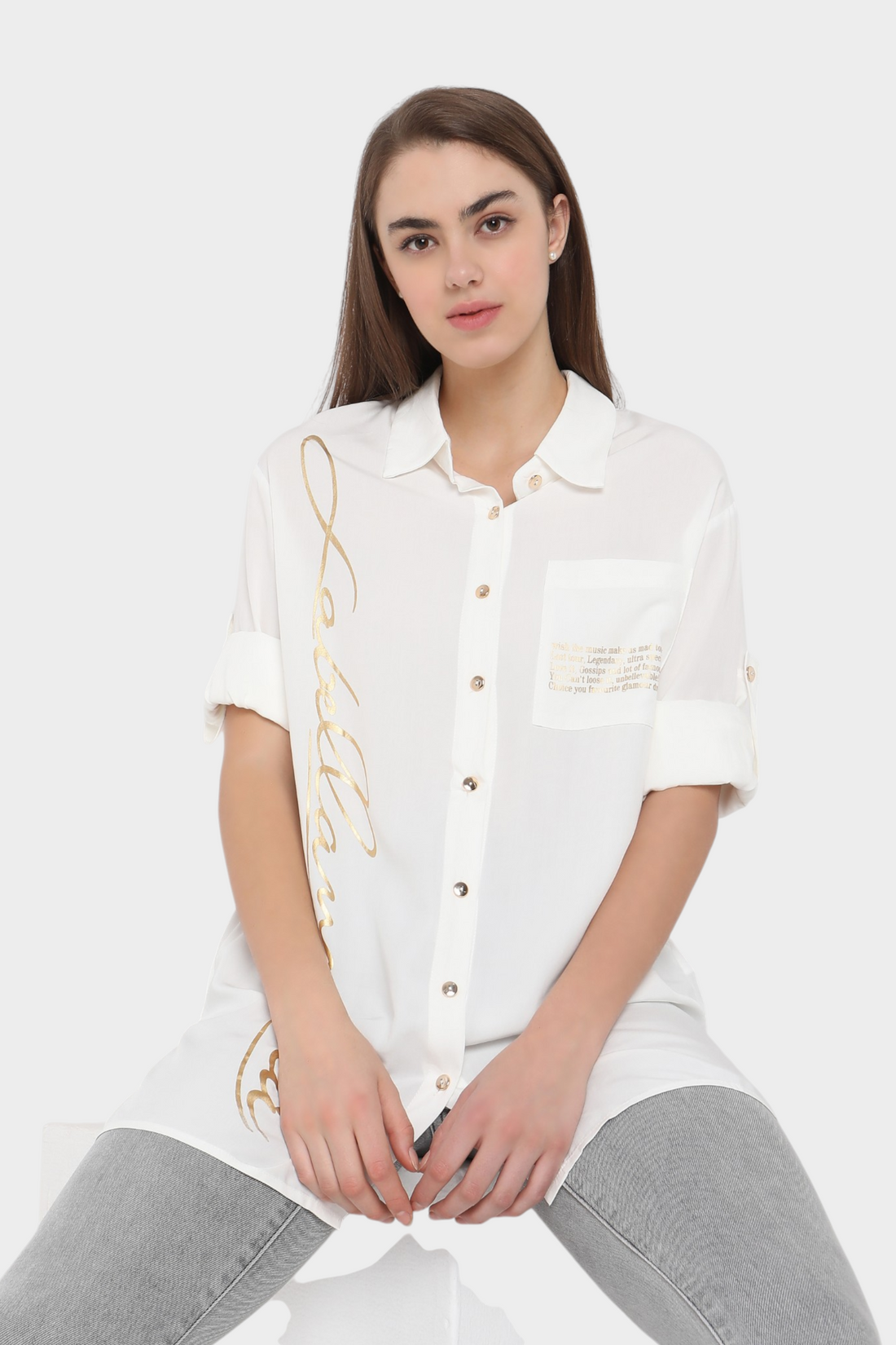 Oversized Shirt with Gold Foil Script Print