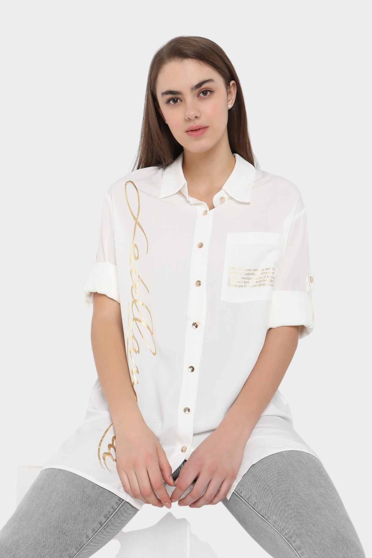 Oversized Shirt with Gold Foil Script Print
