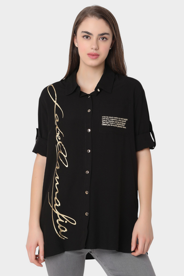 Oversized Shirt with Gold Foil Script Print