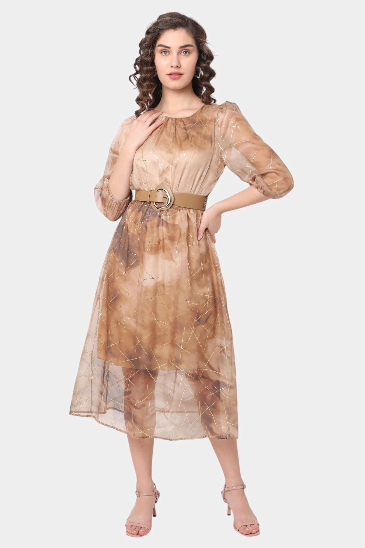 Abstract Print Belted Organza Midi Dress