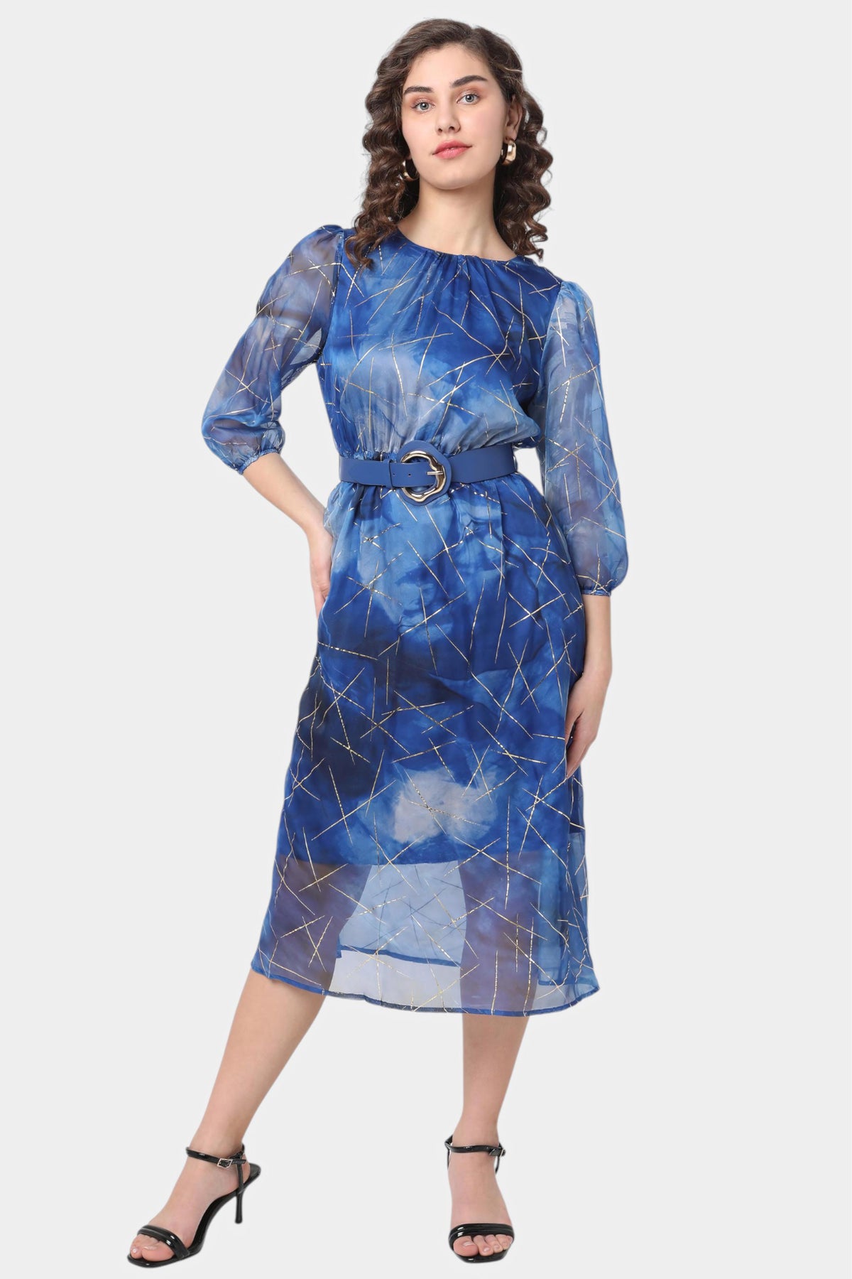 Abstract Print Belted Organza Midi Dress