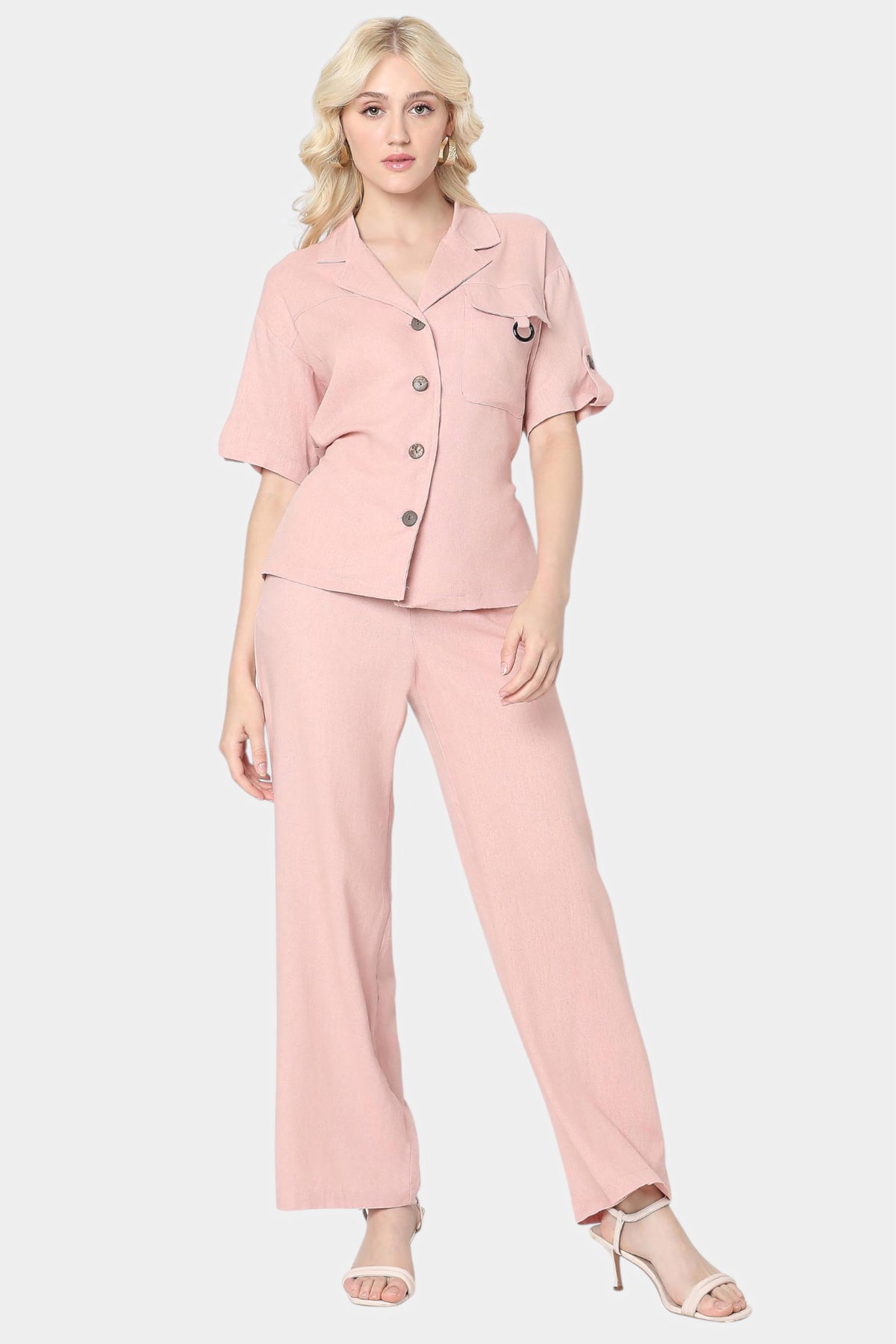 Pink Notched Collar Shirt and Trousers Co-ord Set