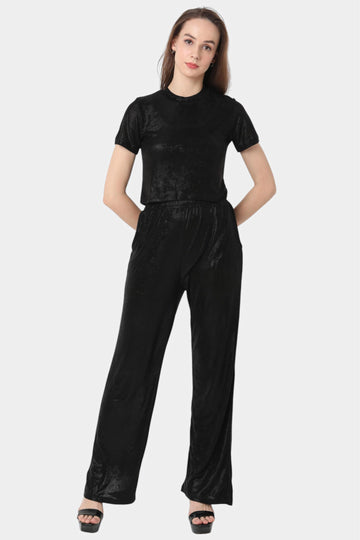 Black Velvet Crop Top and Wide Leg Pants Co-ord Set