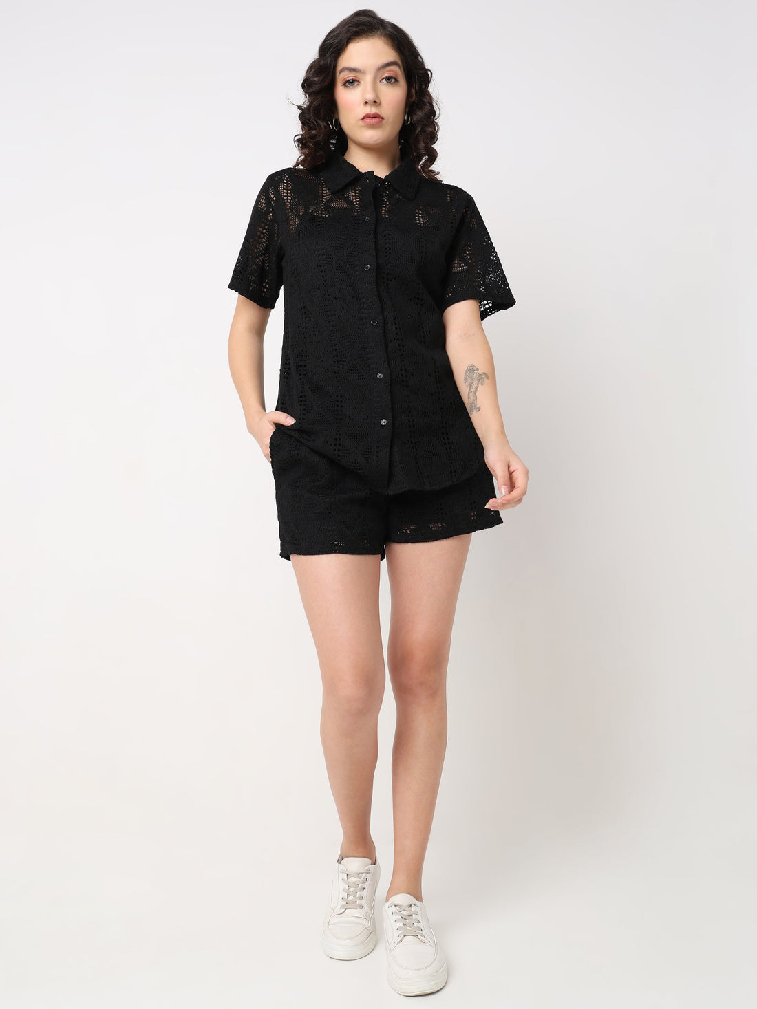 Women’s Lace Co-ord Set – Button Down Top with Shorts