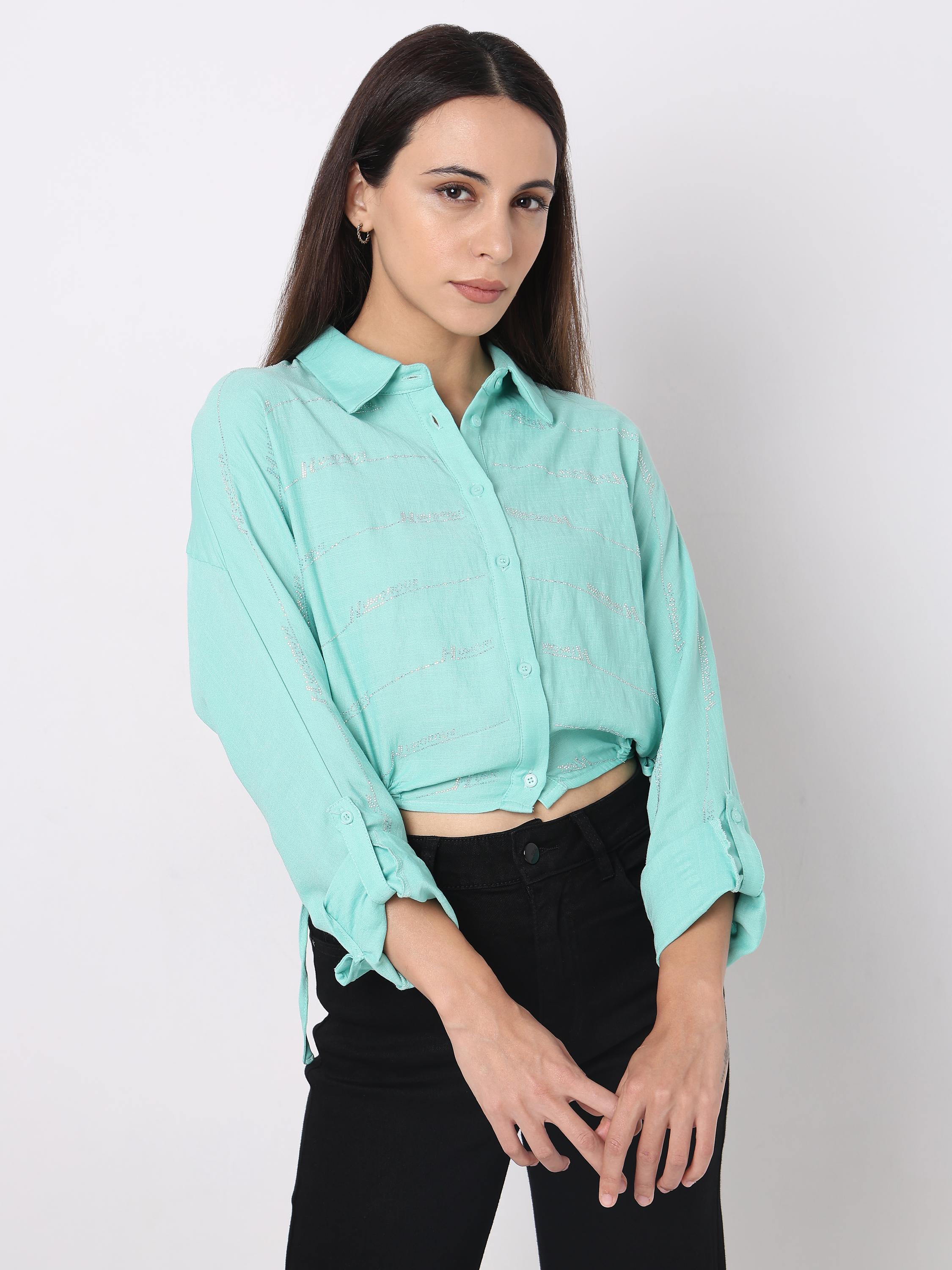 Glitter Stripe Drawstring Crop Shirt