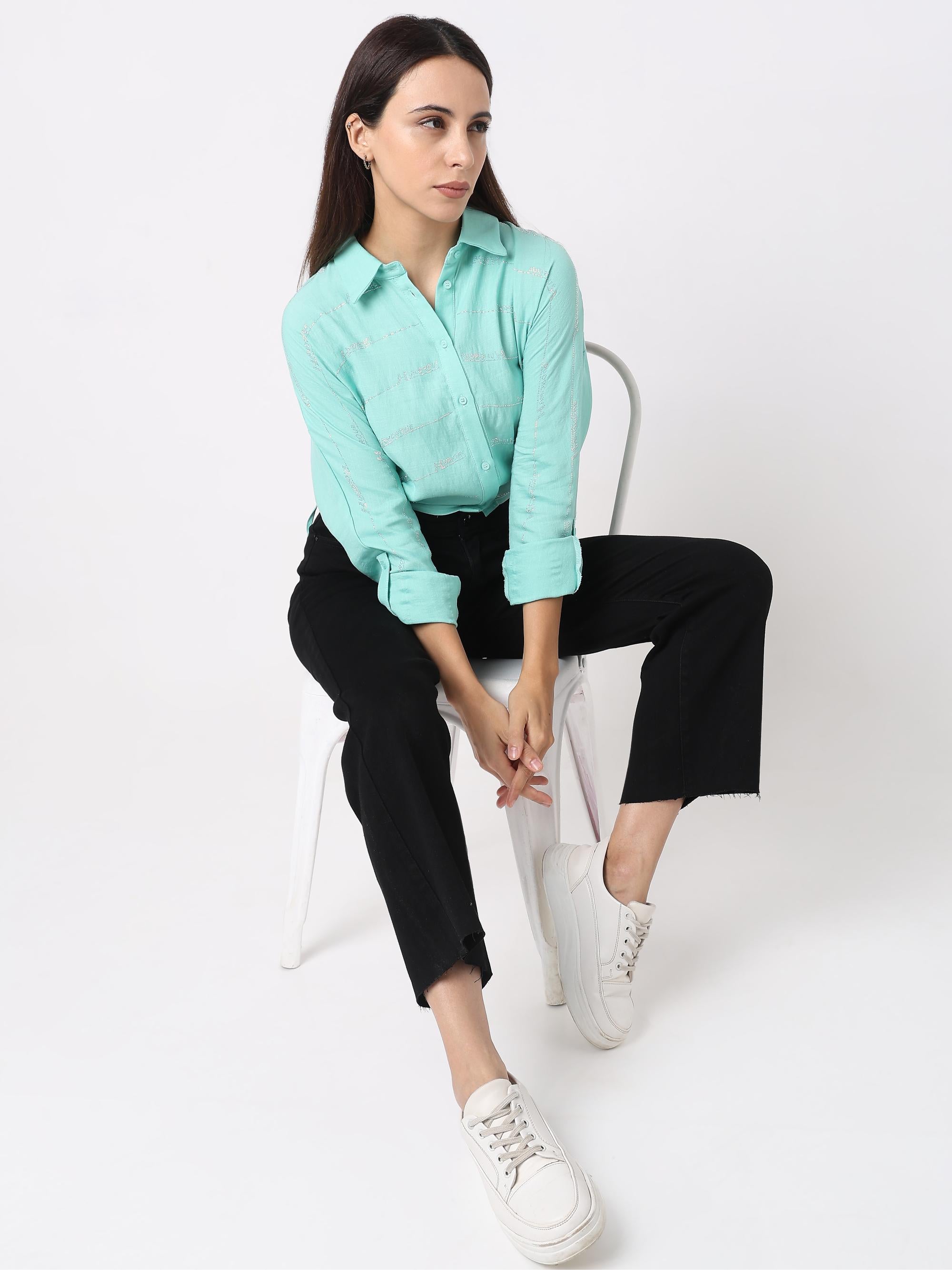 Glitter Stripe Drawstring Crop Shirt