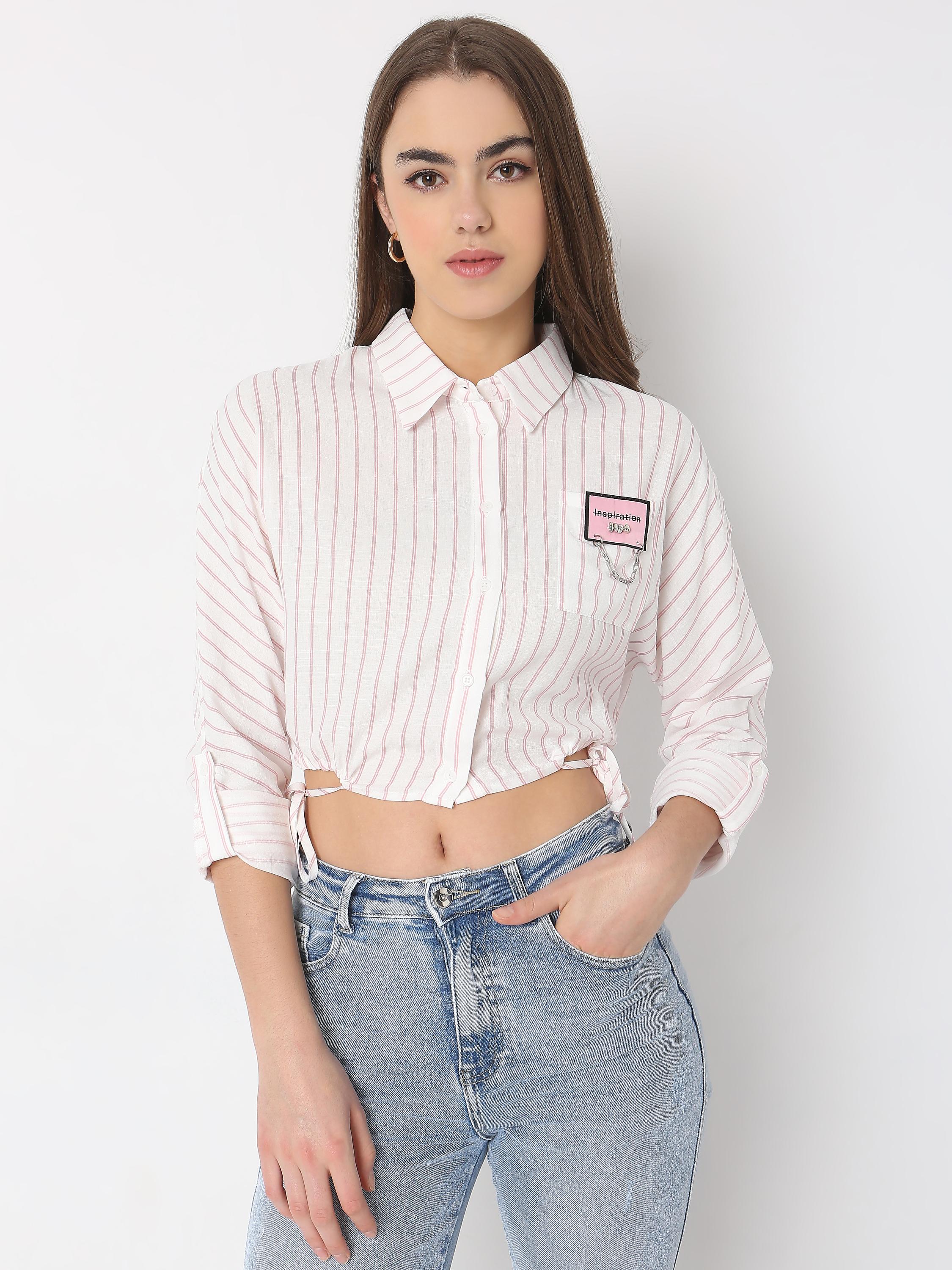 White Pink Stripe Patch Detail Crop Shirt
