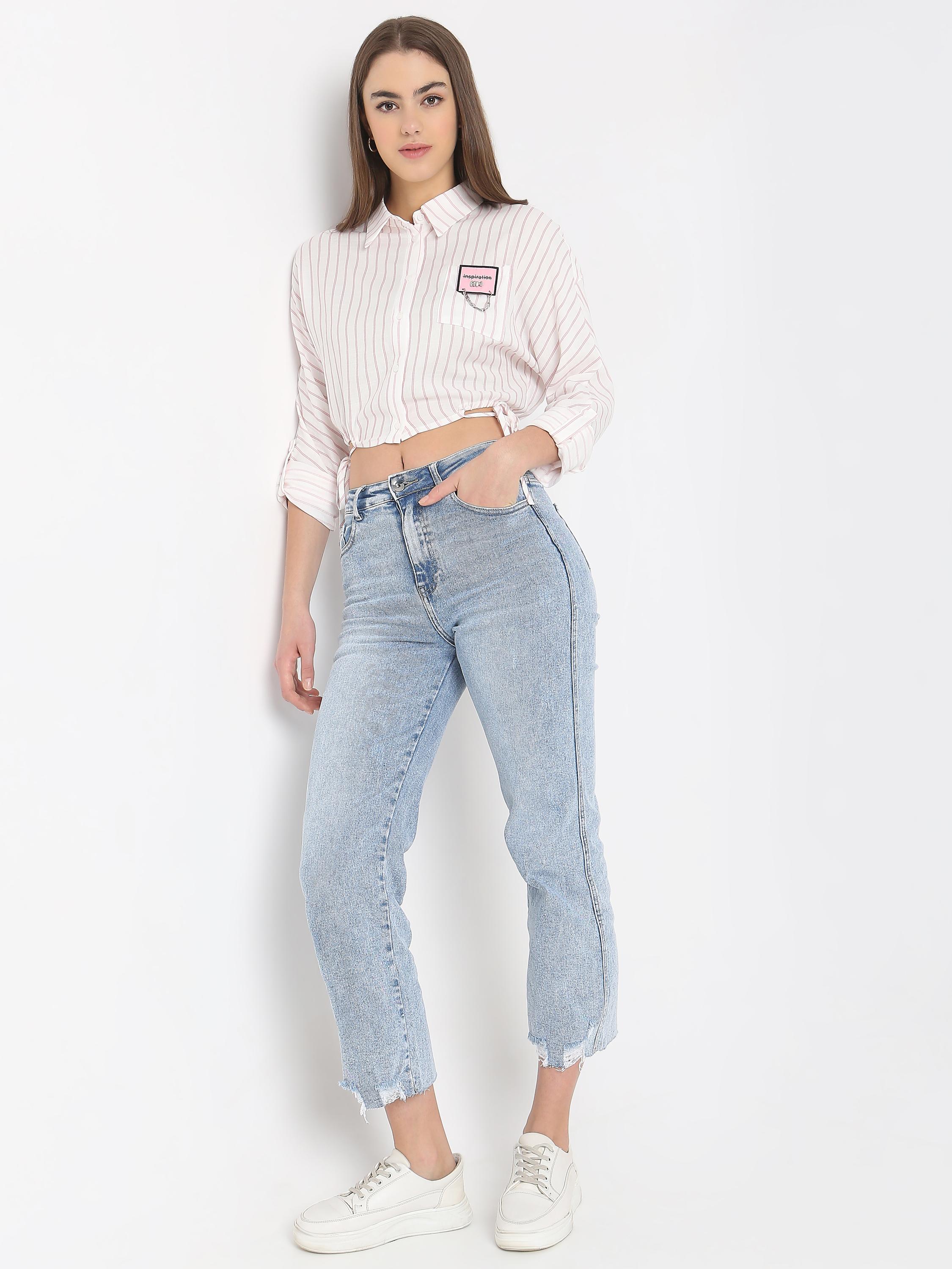 White Pink Stripe Patch Detail Crop Shirt