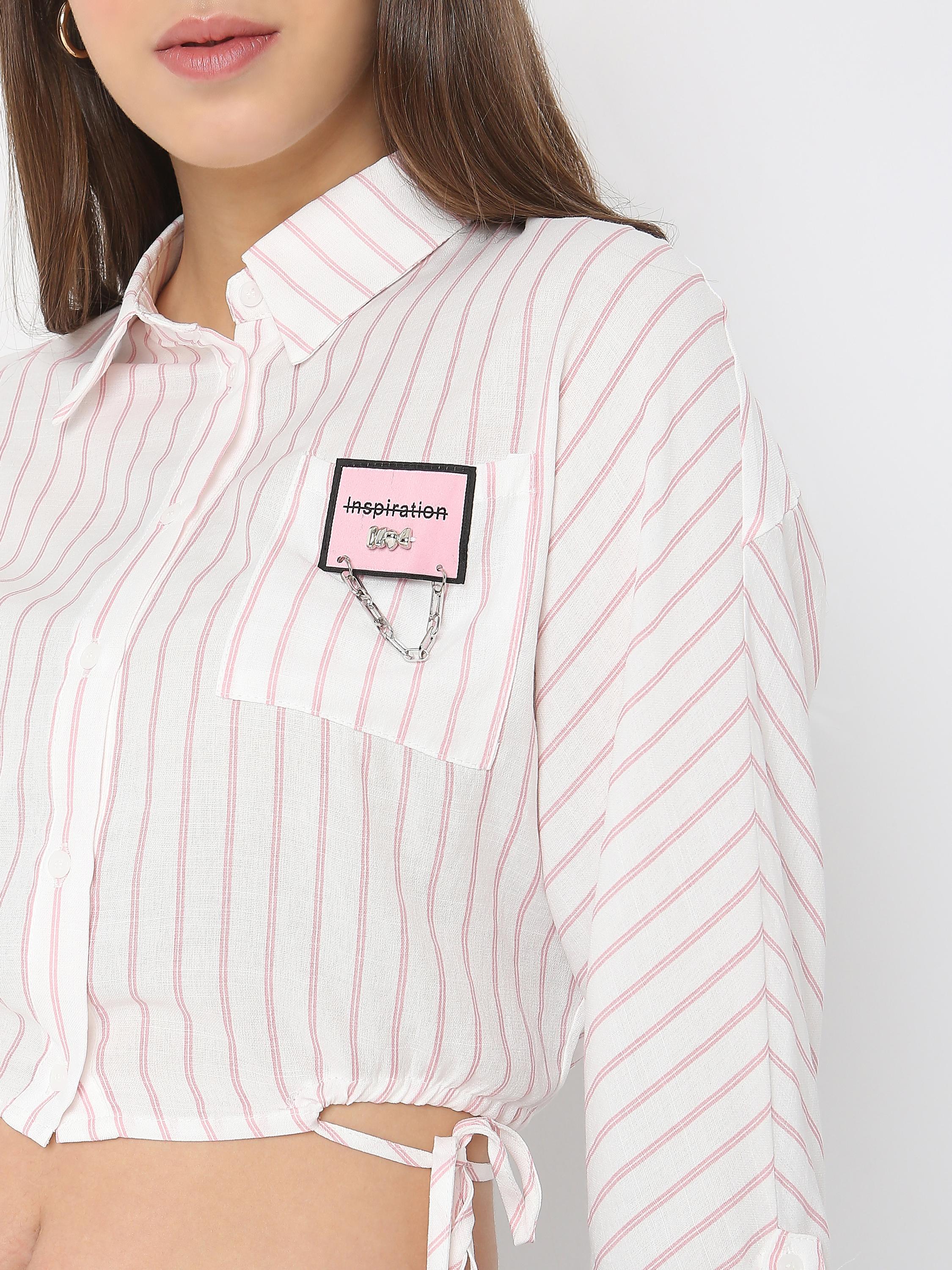 White Pink Stripe Patch Detail Crop Shirt