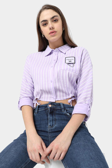 Lavender Striped Crop Shirt with Patch Detail