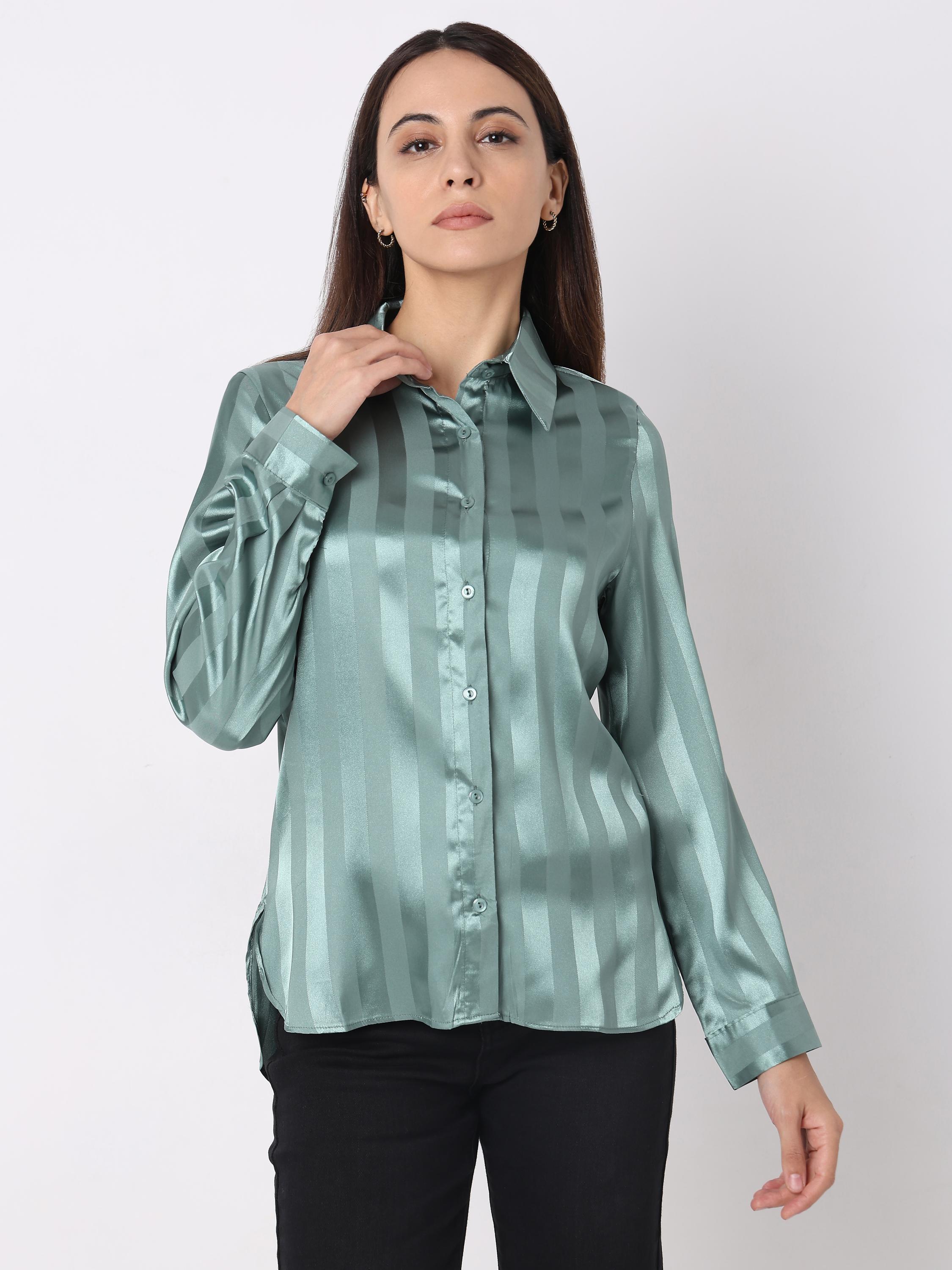 Sage Green Satin Tonal Stripe Shirt