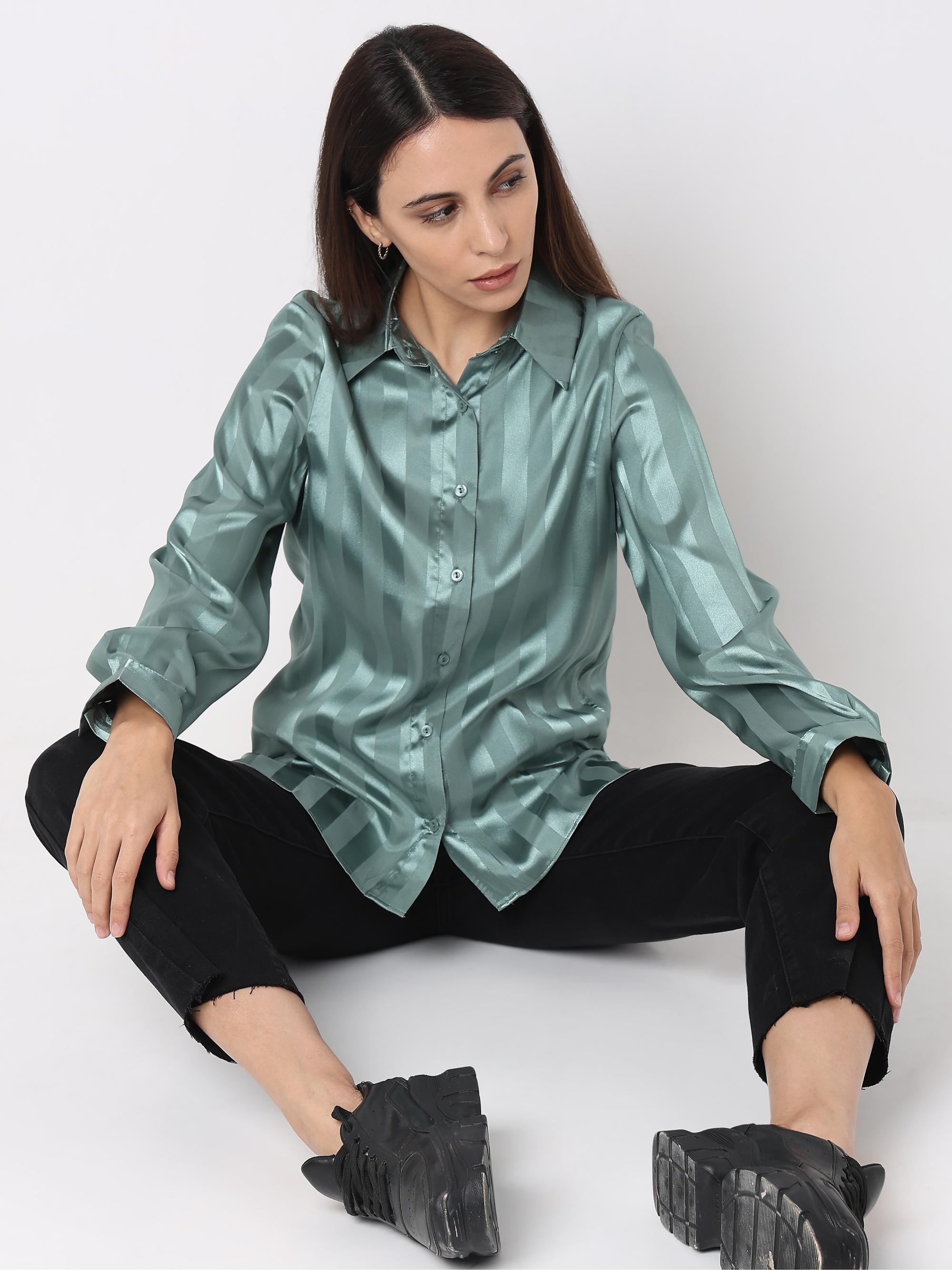 Sage Green Satin Tonal Stripe Shirt