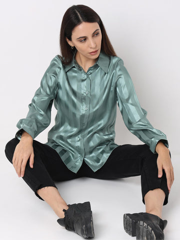 Sage Green Satin Tonal Stripe Shirt
