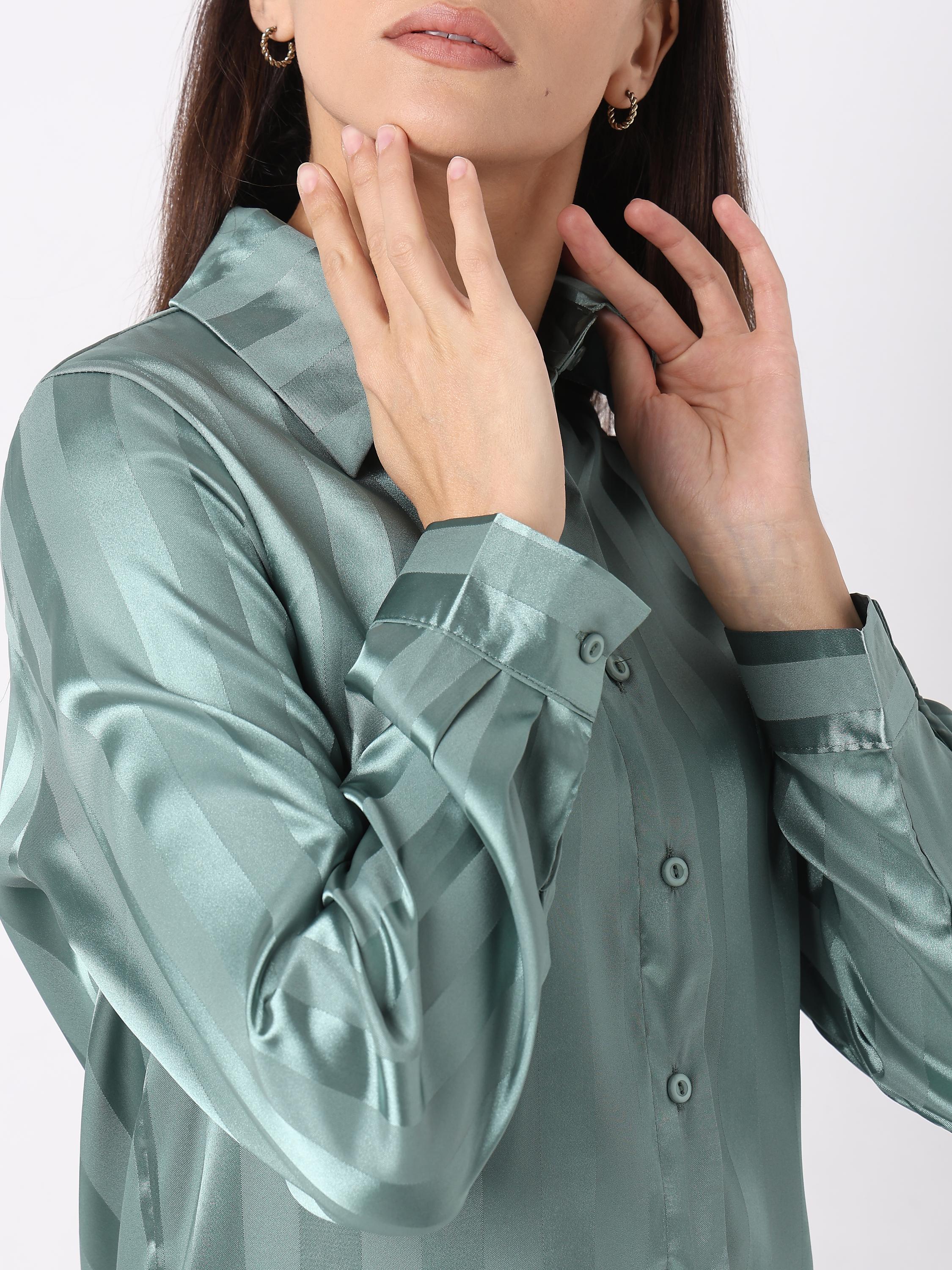 Sage Green Satin Tonal Stripe Shirt