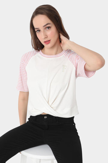 White Raglan T-Shirt with Striped Sleeves