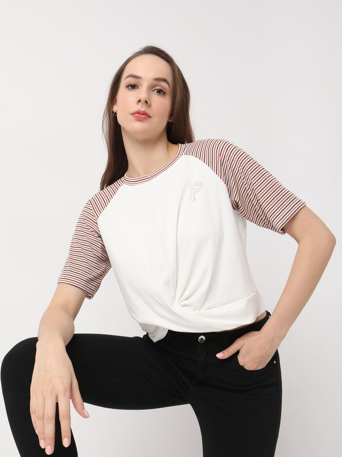 Striped Raglan Sleeve Twist Top