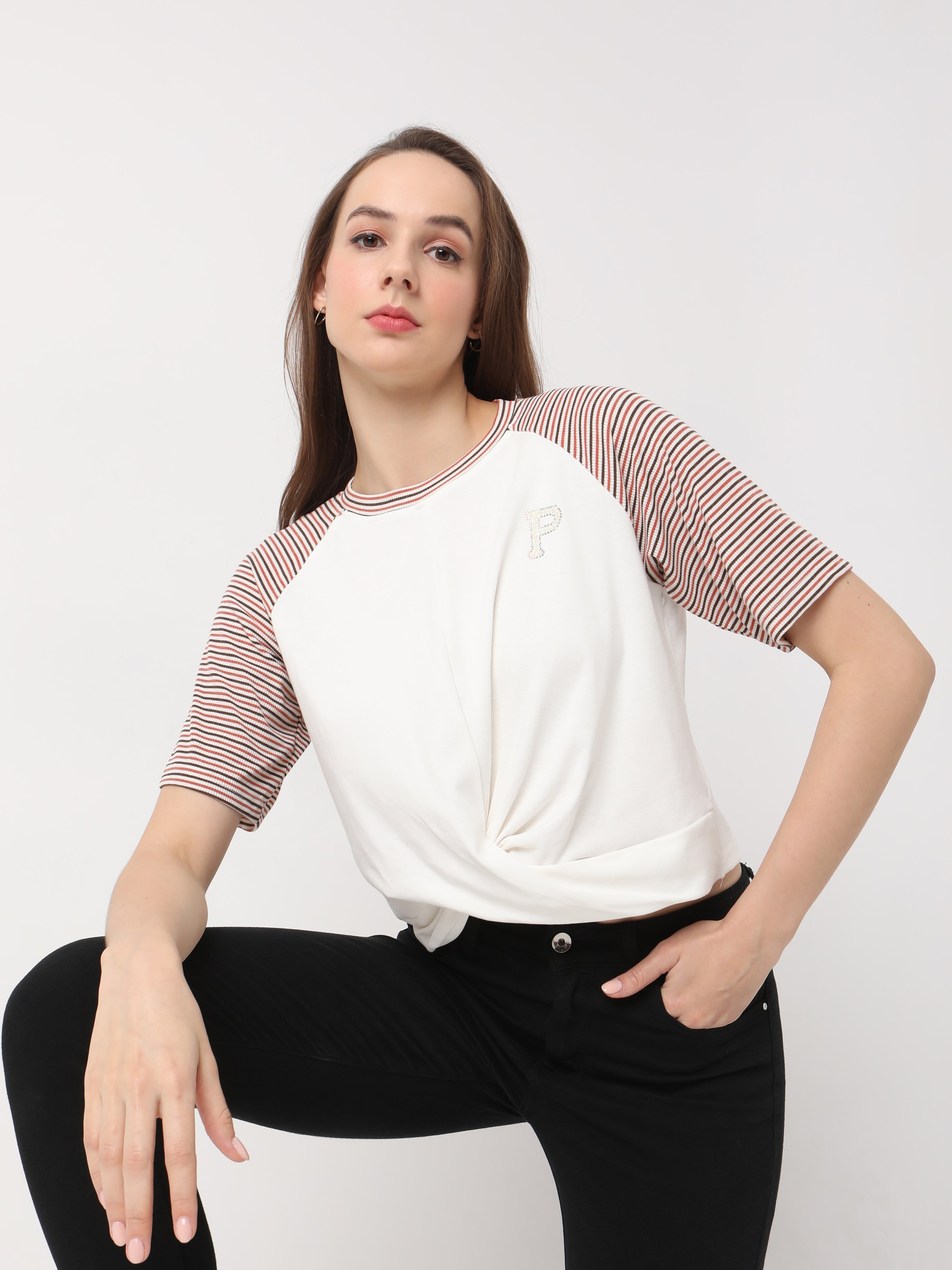 Striped Raglan Sleeve Twist Top