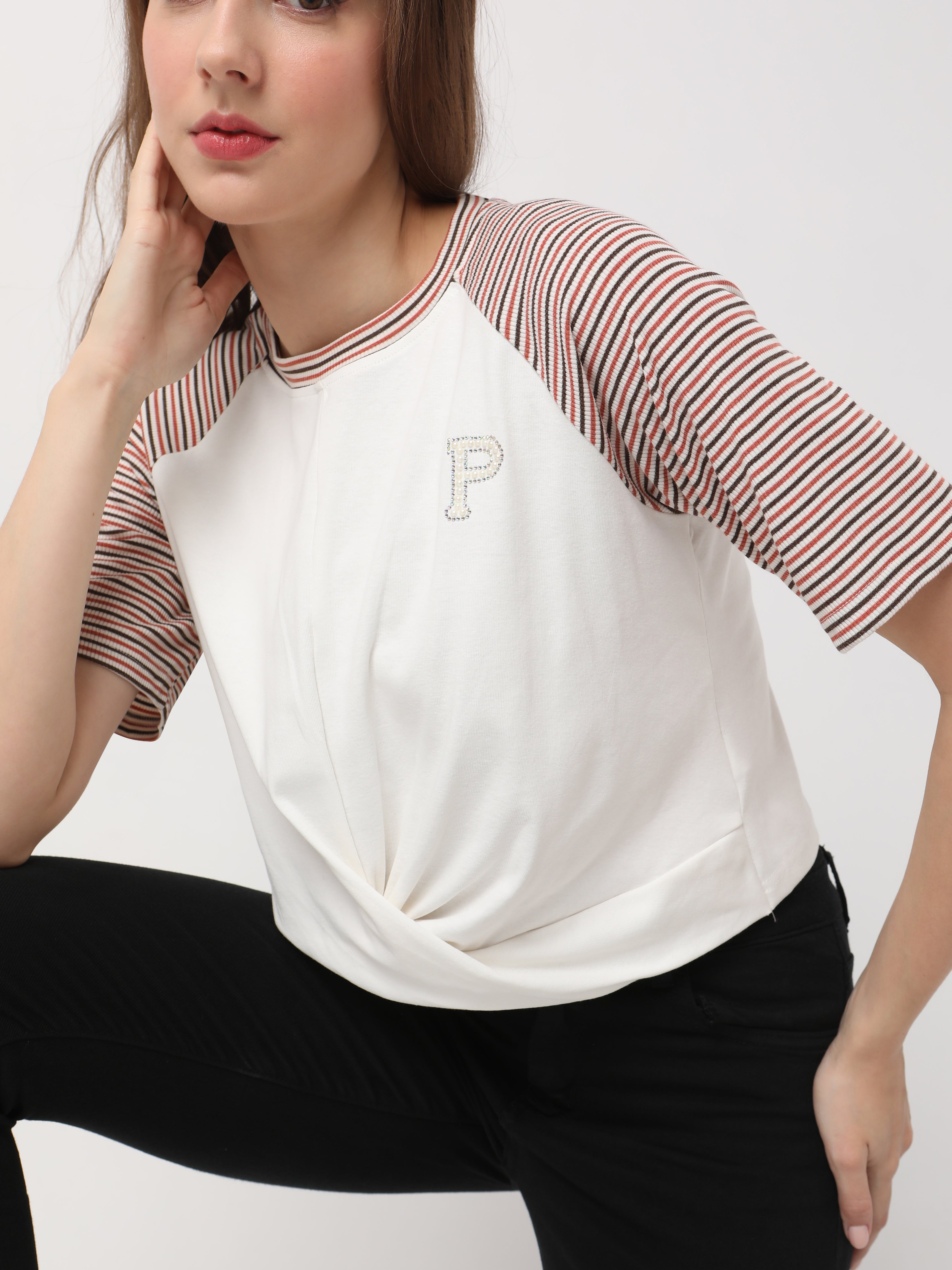 Striped Raglan Sleeve Twist Top